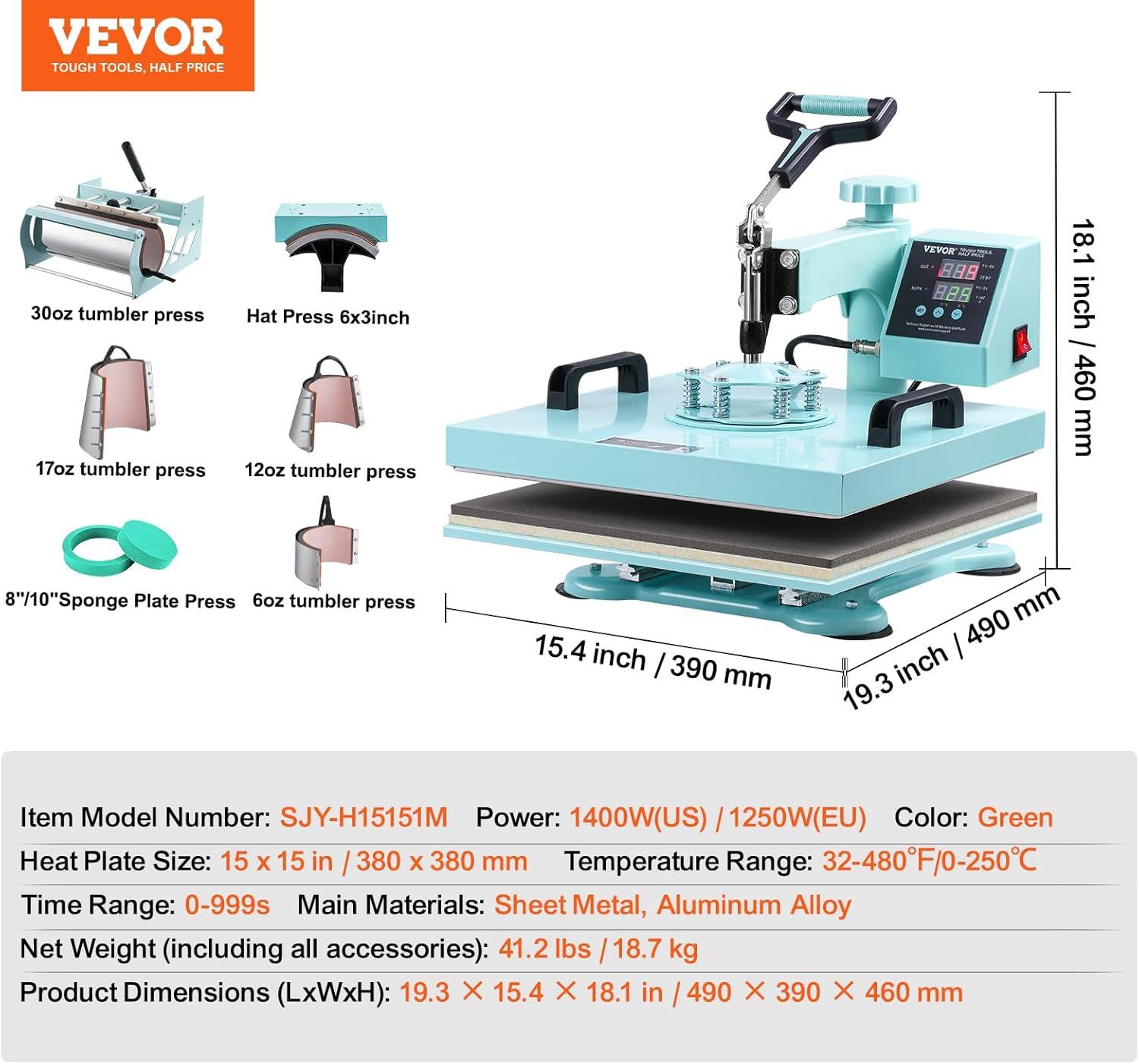 Light Green 8-in-1 Heat Press with Tumbler and Hat Attachments