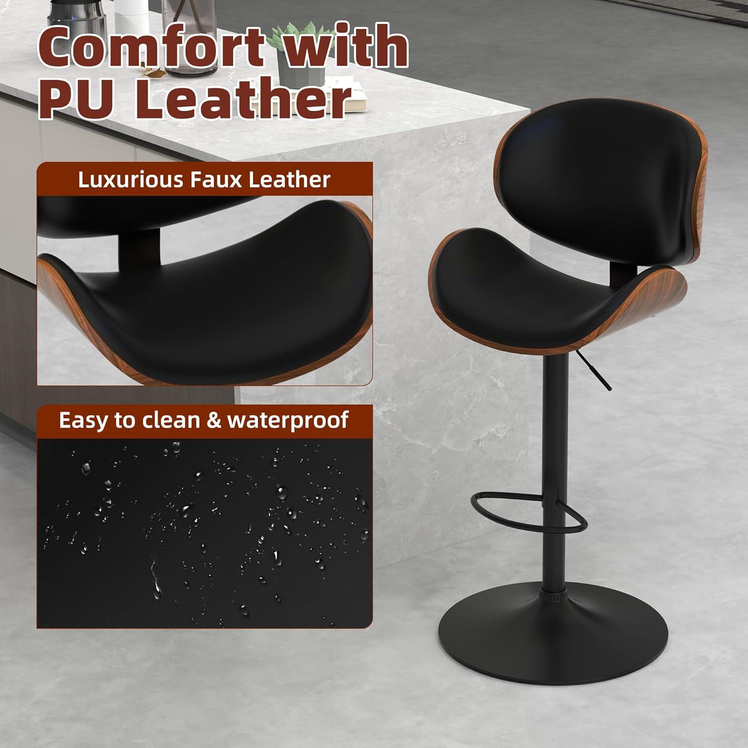 civama Bar Stools Set of 2 for Kitchen Counter, Adjustable Bar Height Chairs, Modern Swivel Barstools with Bentwood Seat and Back with Footrest, for Kitchen Island, Dining Room, Black PU Leather