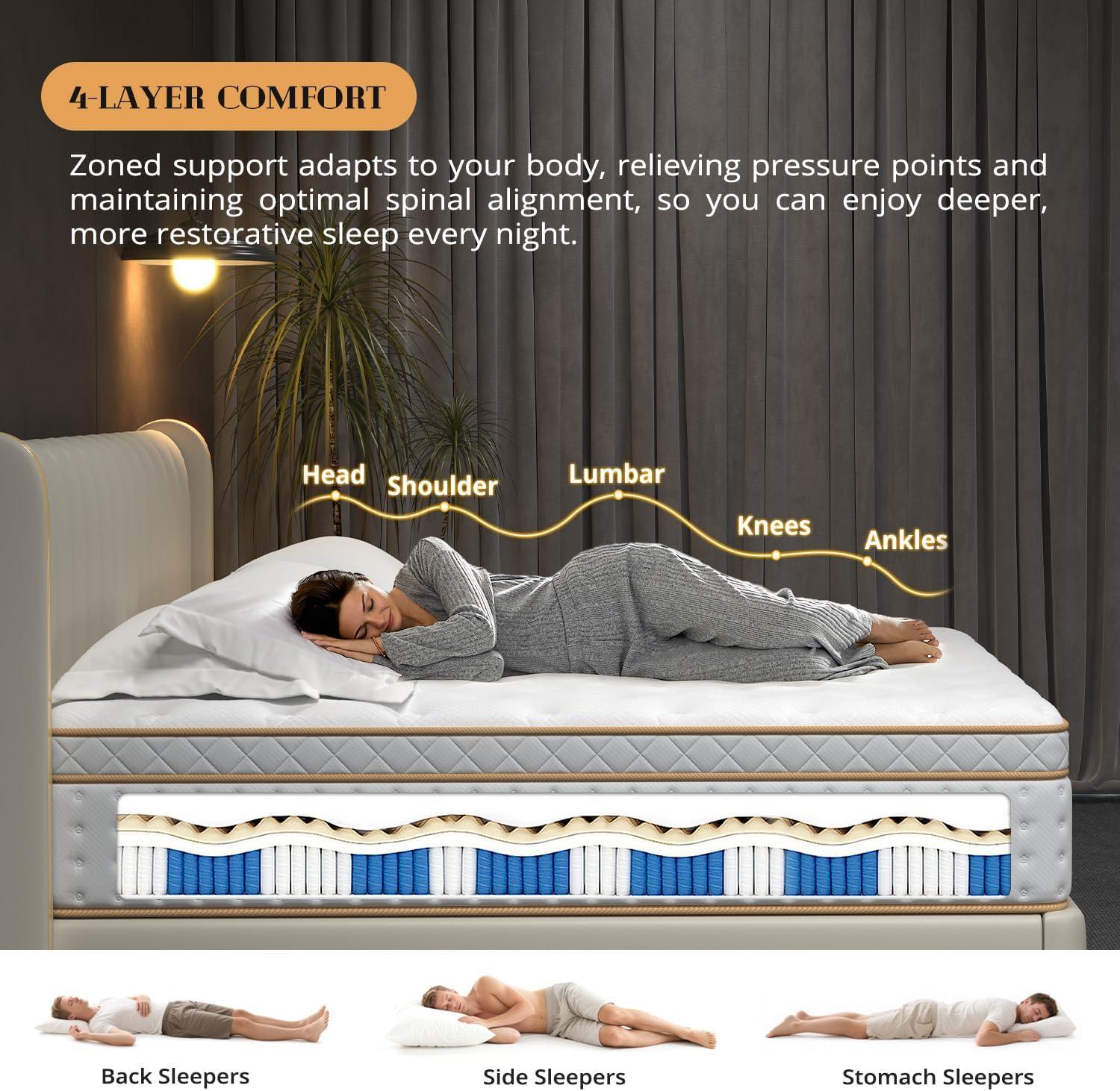 10 Inch Queen Mattress, Medium Firm Hybrid Mattress with Gel Memory Foam & Pocketed Coils, CertiPUR-US Certified, Pressure Relief, Motion Isolation, 100-Night Trial, 80“ x 60" x 10"