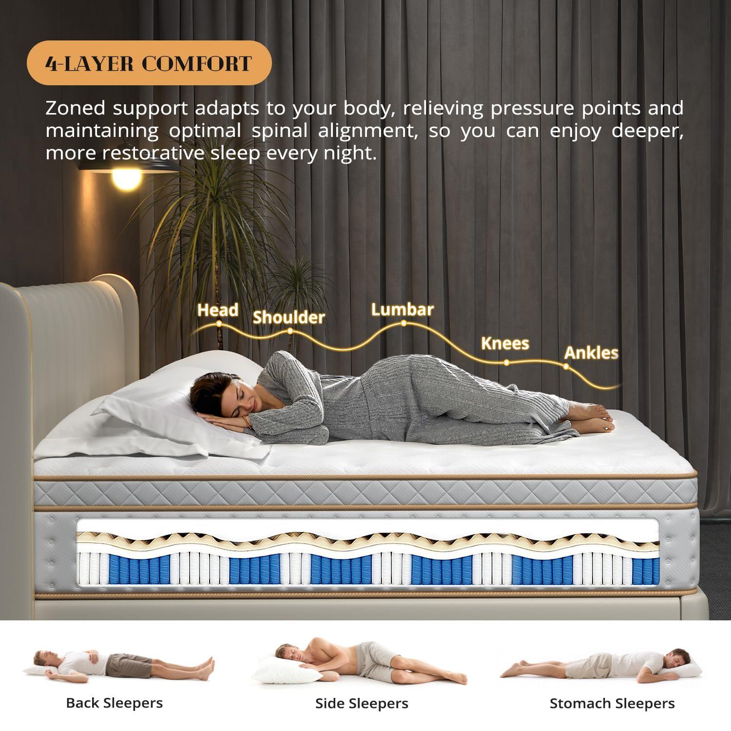 10 Inch Queen Mattress, Medium Firm Hybrid Mattress with Gel Memory Foam & Pocketed Coils, CertiPUR-US Certified, Pressure Relief, Motion Isolation, 100-Night Trial, 80“ x 60" x 10"