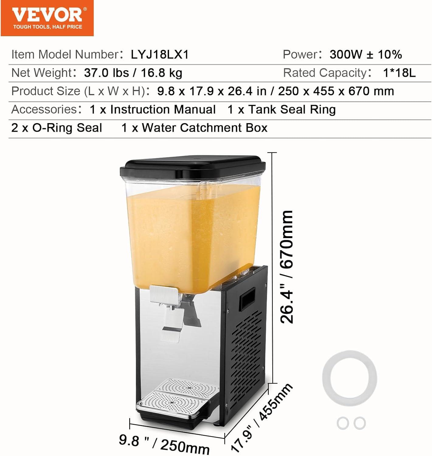 VEVOR Commercial Beverage Dispenser 18L Cold Juice Ice Drink Dispenser for Party