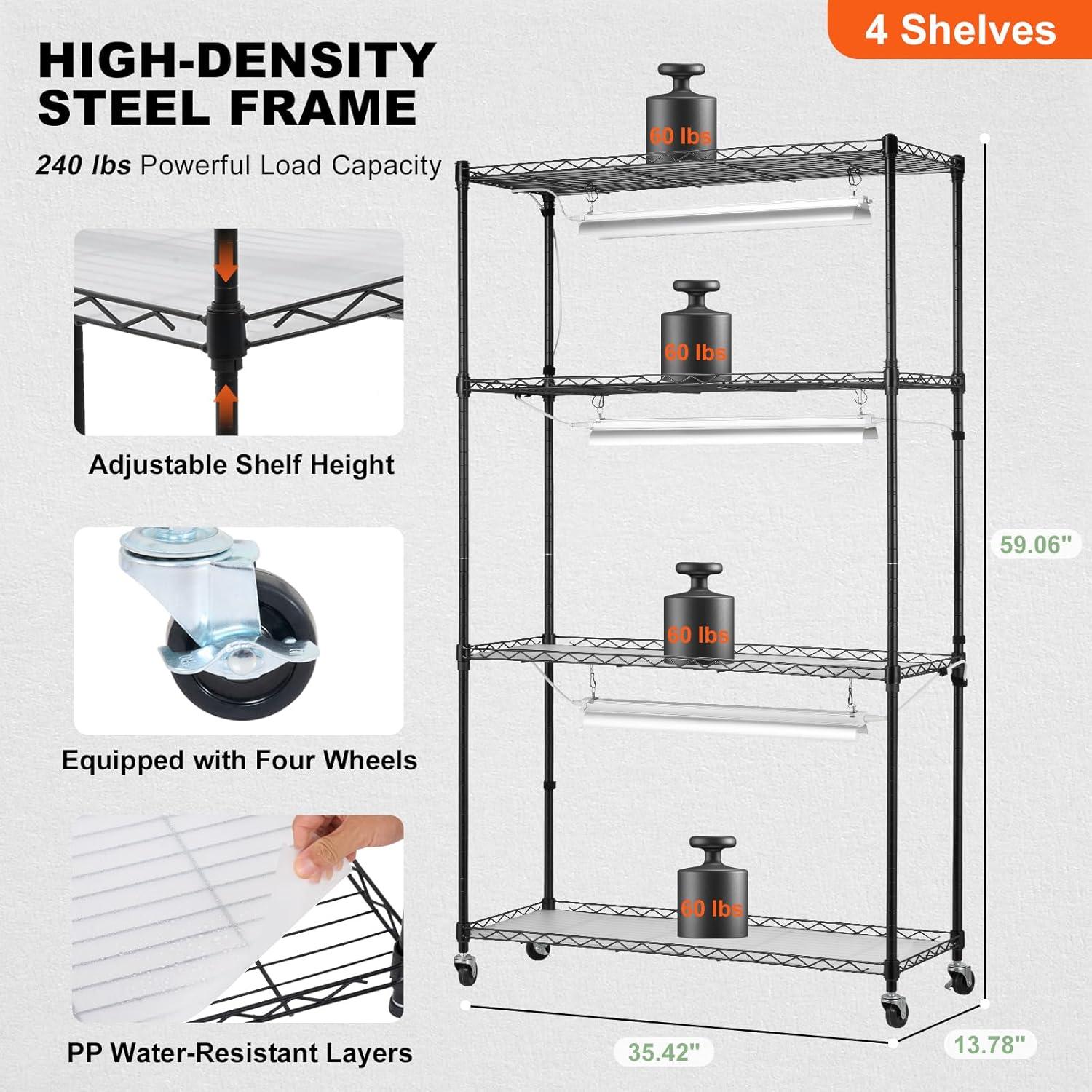 Black Metal 4-Tier Plant Stand with Adjustable Grow Lights