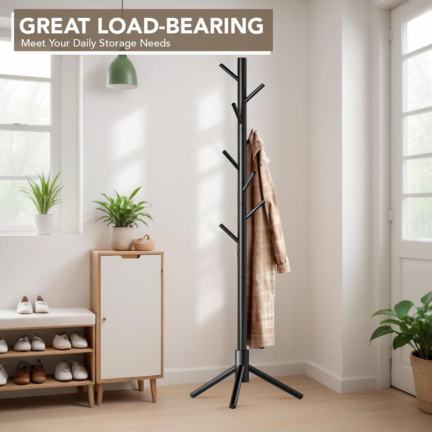 Black Adjustable Height Pine Wood Coat Rack with 8 Hooks