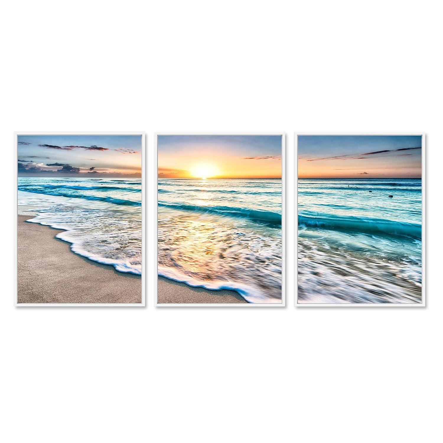 Asdg12s-3 Panel Wall Art Blue Sea Sunset White Beach Painting The Picture Print On Canvas Seascape The Pictures for Home Decor Decoration,Ready to Hang