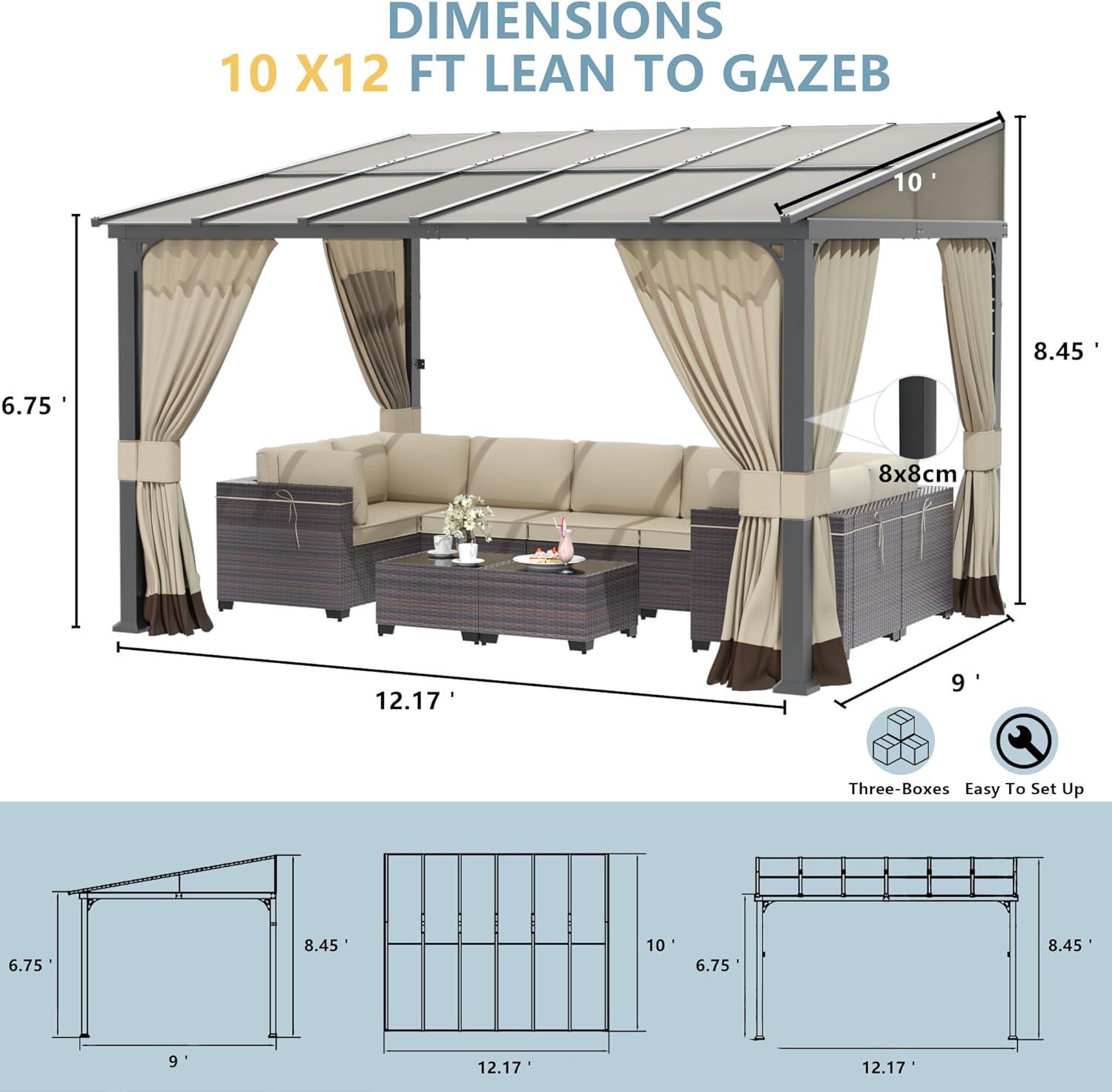 10 ft. x 12 ft. Brown Hardtop Wall Mounted Gazebo with Sloping Pitched Roof and Curtain Sand