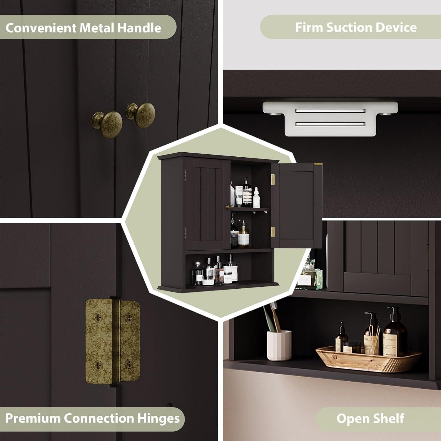 Semiocthome Bathroom Medicine Cabinet Wood 2 Doors Wall Cabinet over the Toilet Storage in Brown