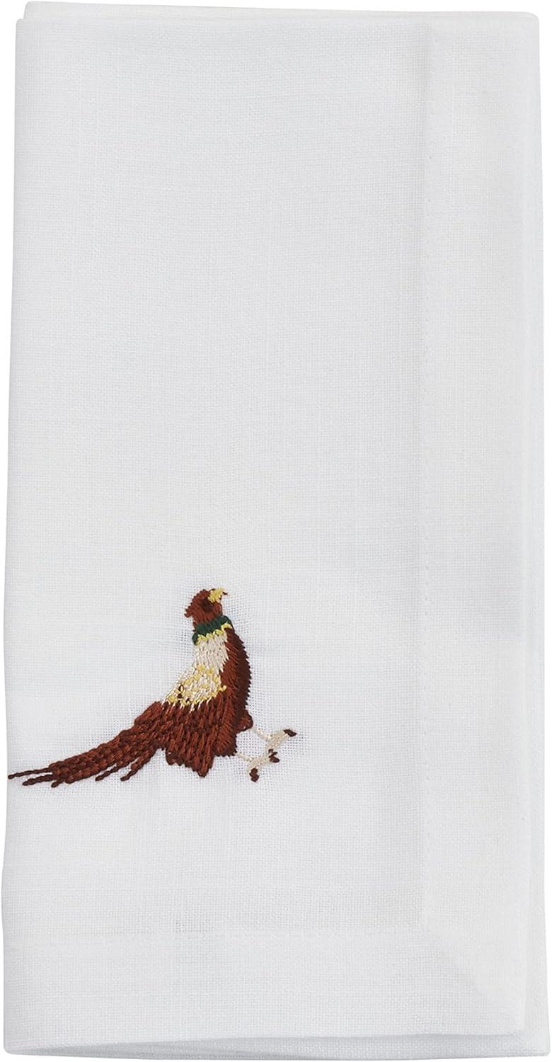 White Polyester Embroidered Pheasant Design Table Napkins Set