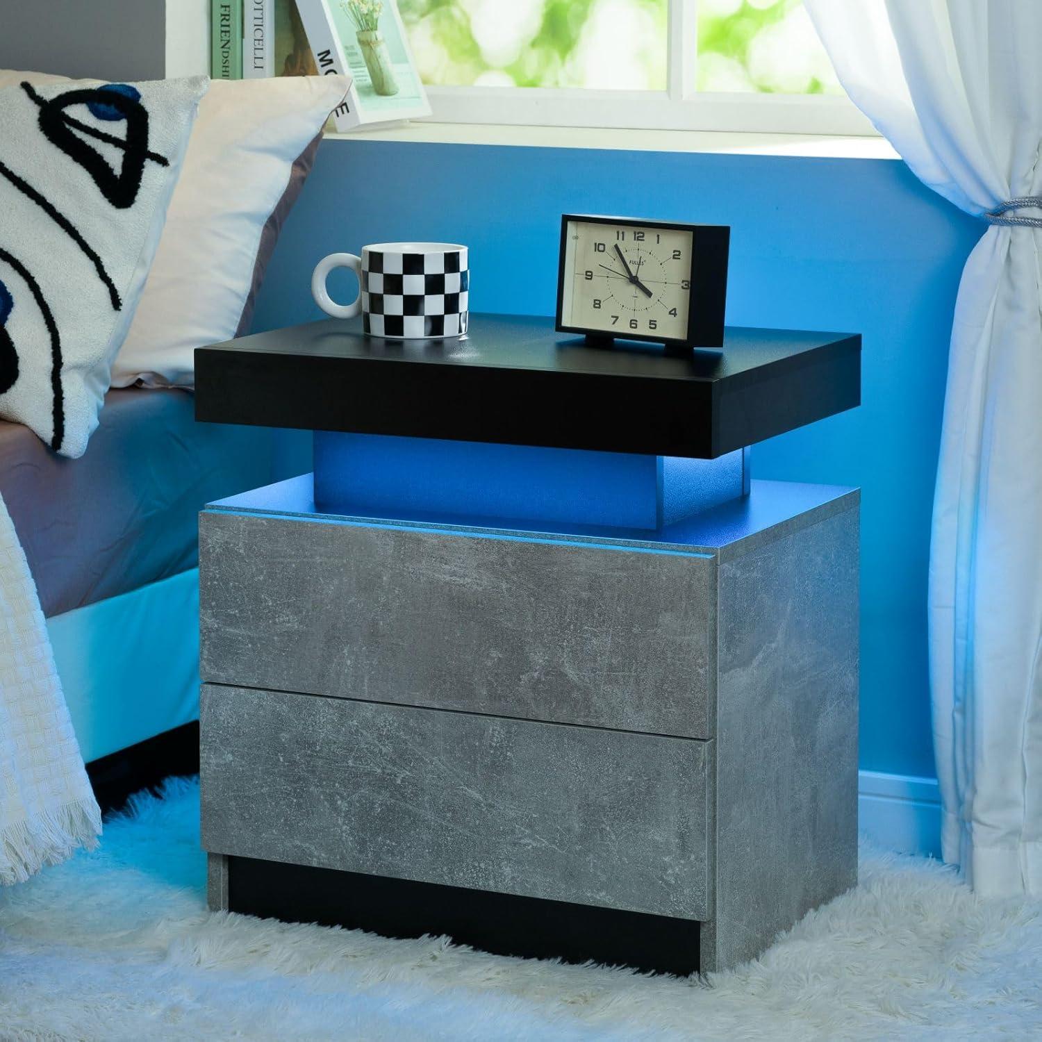 Grey and Black Particle Board Nightstand Set with LED Lights