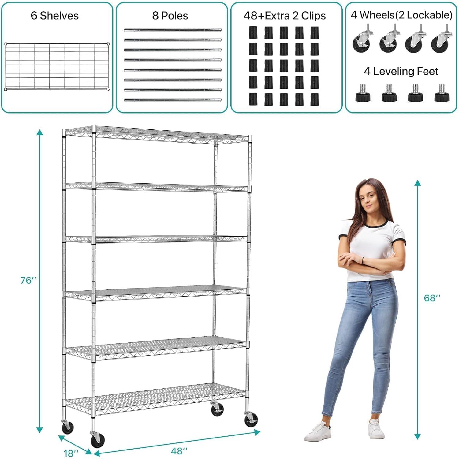 Chrome Heavy Duty Adjustable 6-Tier Metal Storage Rack with Wheels