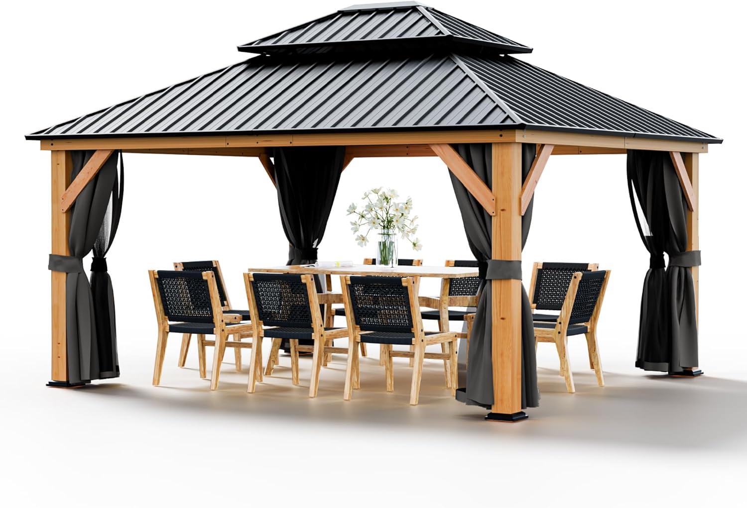 13' x 15' Black Metal Roof Wood Patio Gazebo with Curtains