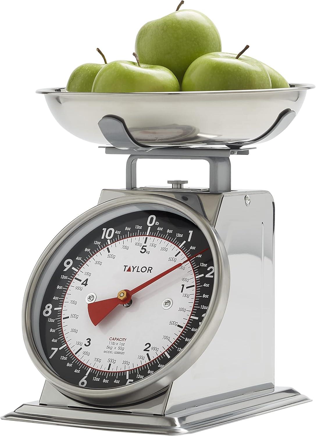 Taylor Modern Mechanical Kitchen Weighing Food Scale Weighs up to 11lbs, Measures in Grams and Ounces, Black and Silver