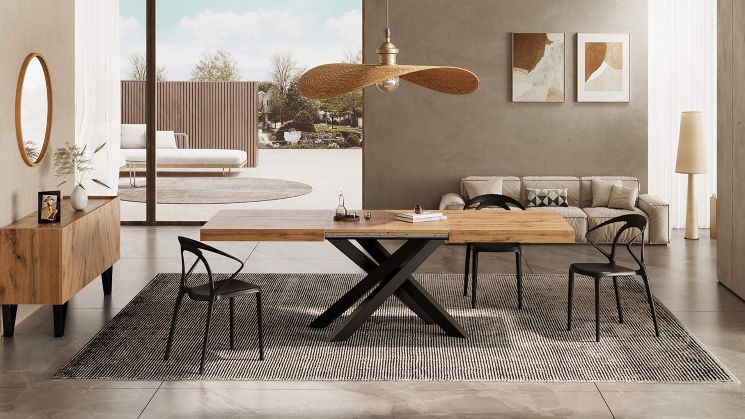 Mobili Fiver, Emma 63(94.5) x35.4 in Extendable Table, Rustic Oak with Black Crossed Legs, for 6-10 People, Expandable Dining Table for Kitchen, Living Room, Italian Furniture