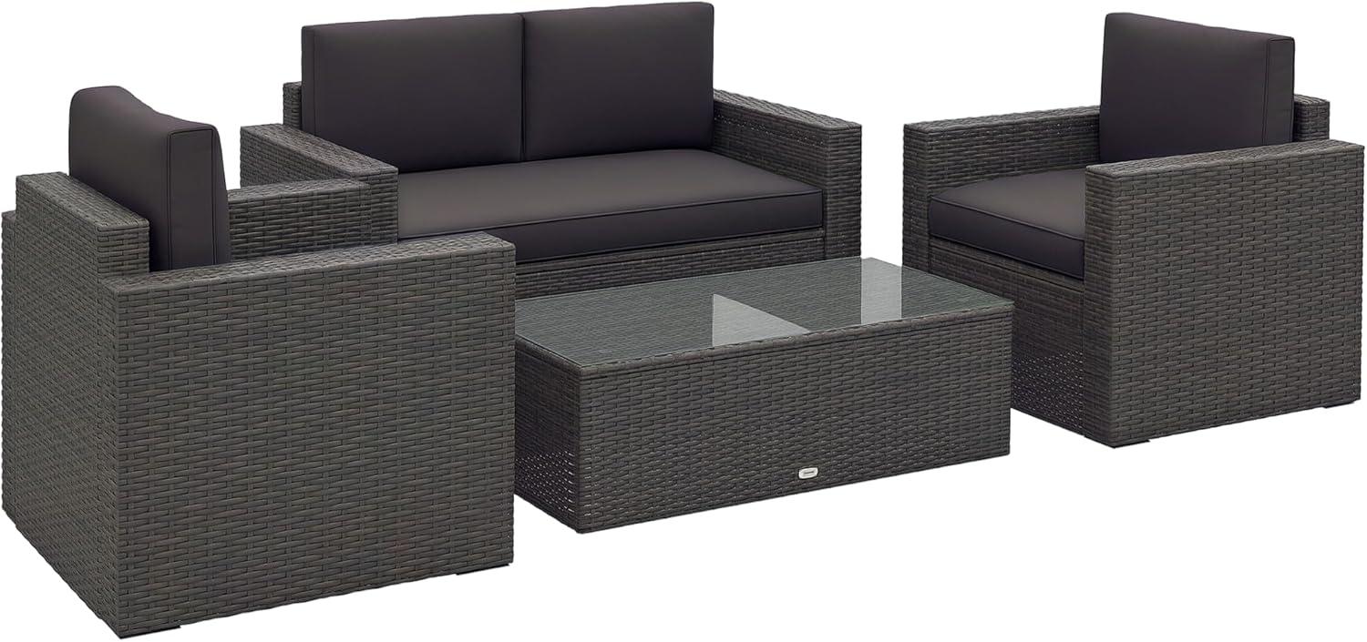 Outsunny 4-Piece Rattan Wicker Furniture Set, Outdoor Cushioned Conversation Furniture with 2 Chairs, Loveseat, and Glass Coffee Table, Gray