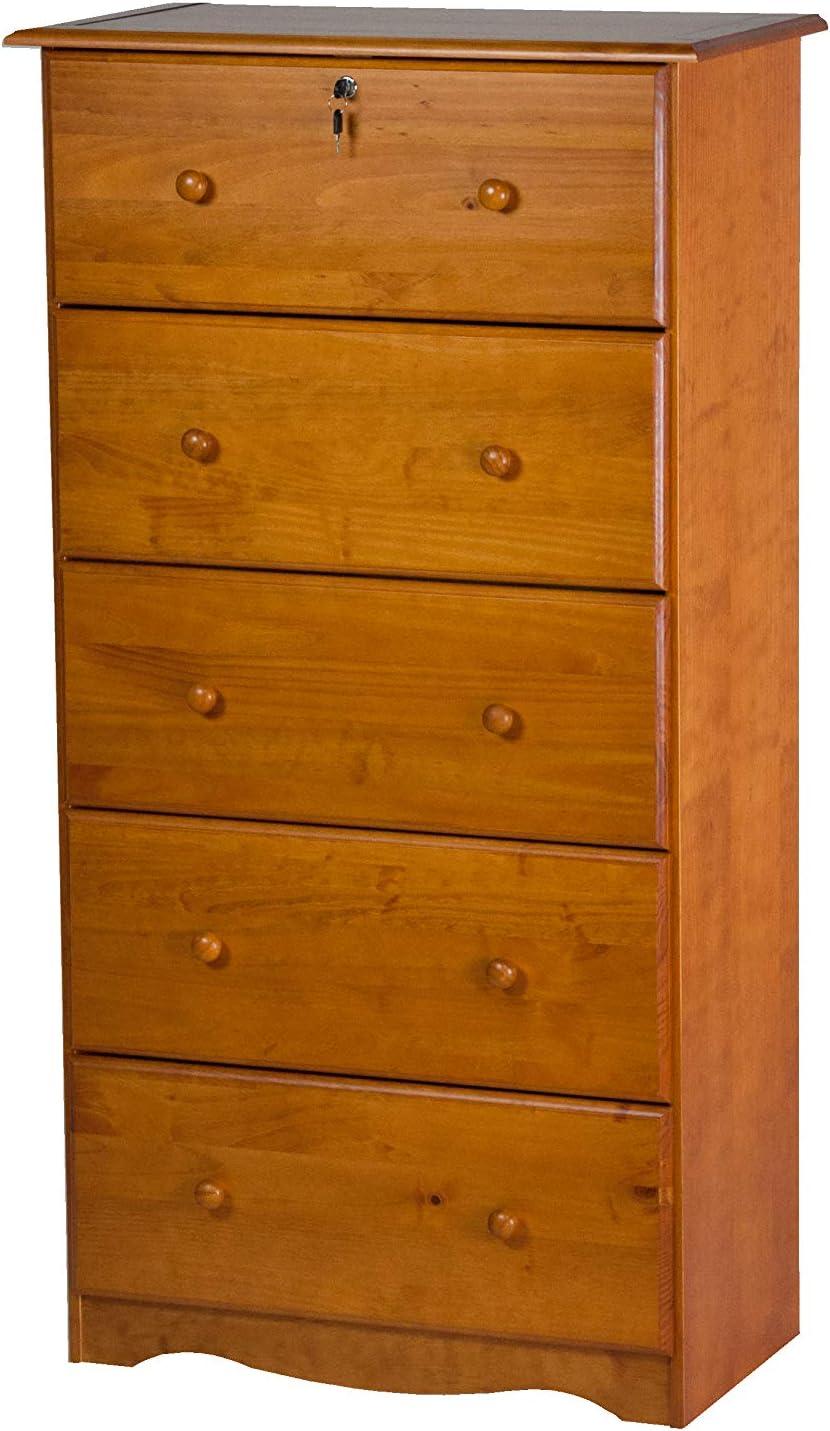 Serene White 5-Drawer Solid Pine Wood Chest with Lock and Deep Drawers