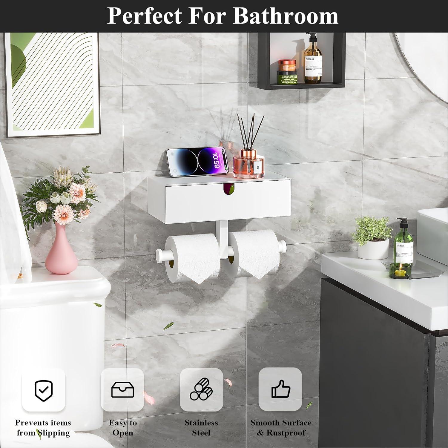 Tindbea Toilet Paper Holder with Storage - Stainless Steel Wall Mounted Toilet Paper Holder with Shelf, Flushable Wipes Holer Dispenser, Tampon Storage for Bathroom, Double Tissue Roll Holder, White