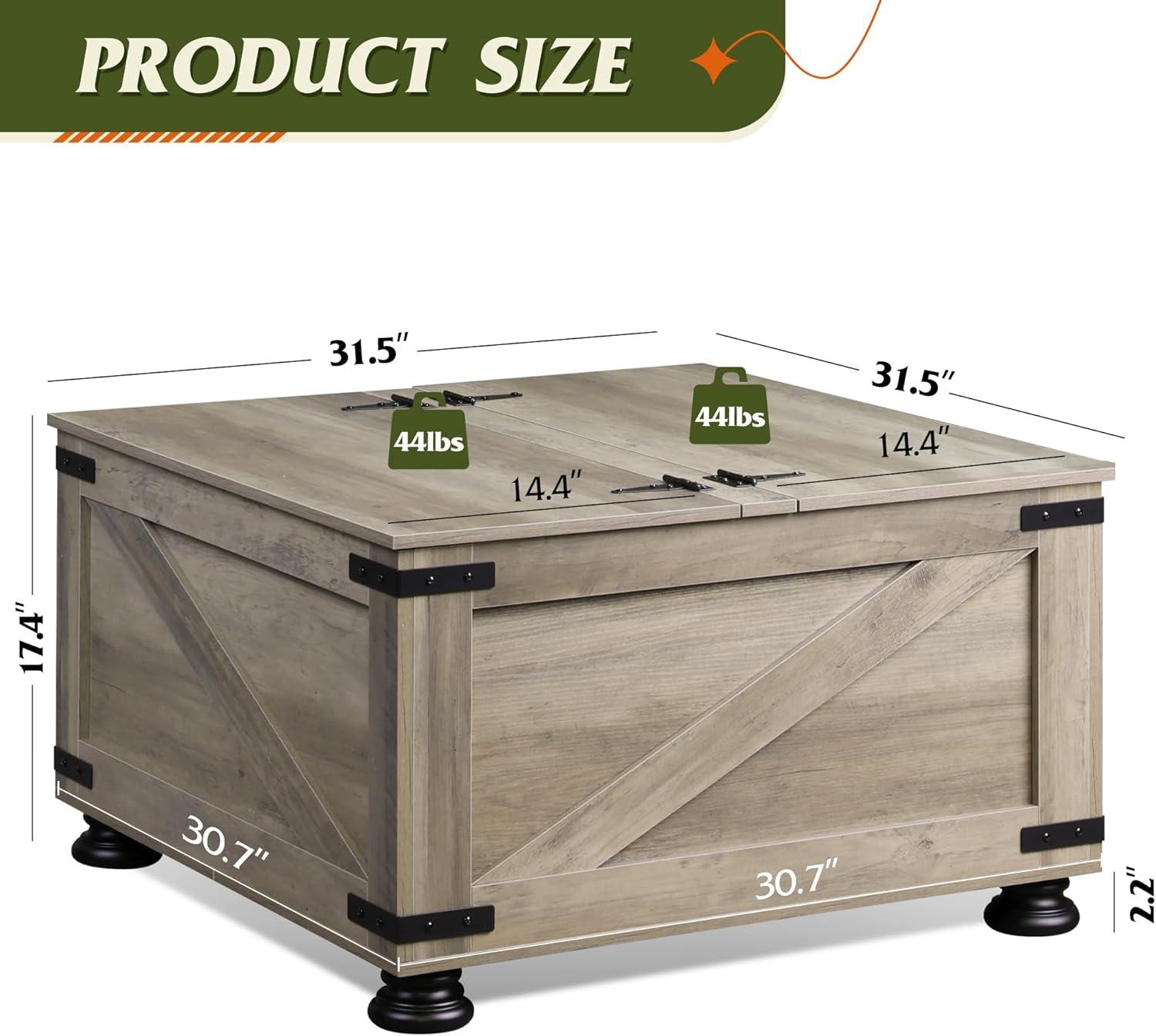 WLIVE Farmhouse Coffee Table, 31.5" Square Wood Center Table with Flip-Top Lids and Large Hidden Storage Compartment for Living Room, Bedroom, Grey Oak