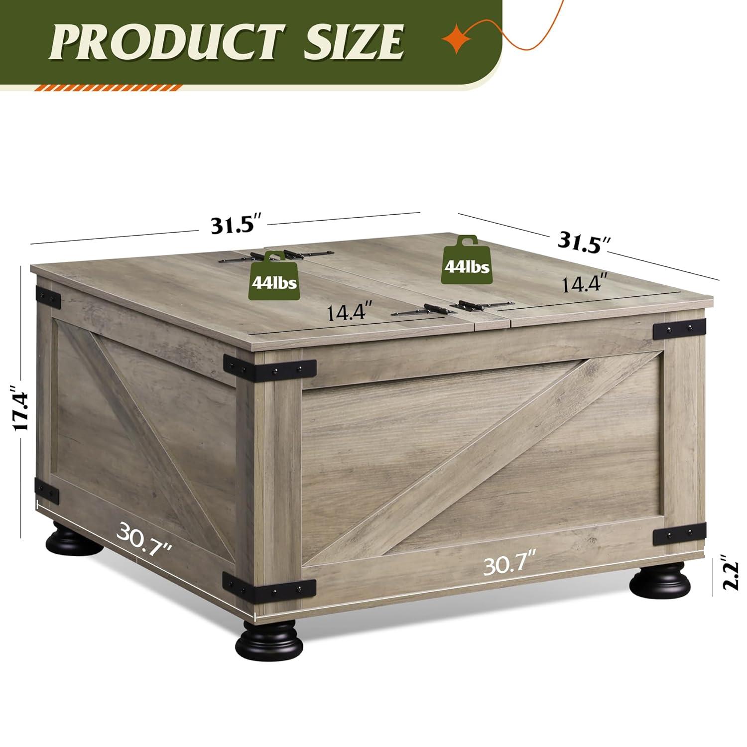 WLIVE Farmhouse Coffee Table, 31.5" Square Wood Center Table with Flip-Top Lids and Large Hidden Storage Compartment for Living Room, Bedroom, Grey Oak
