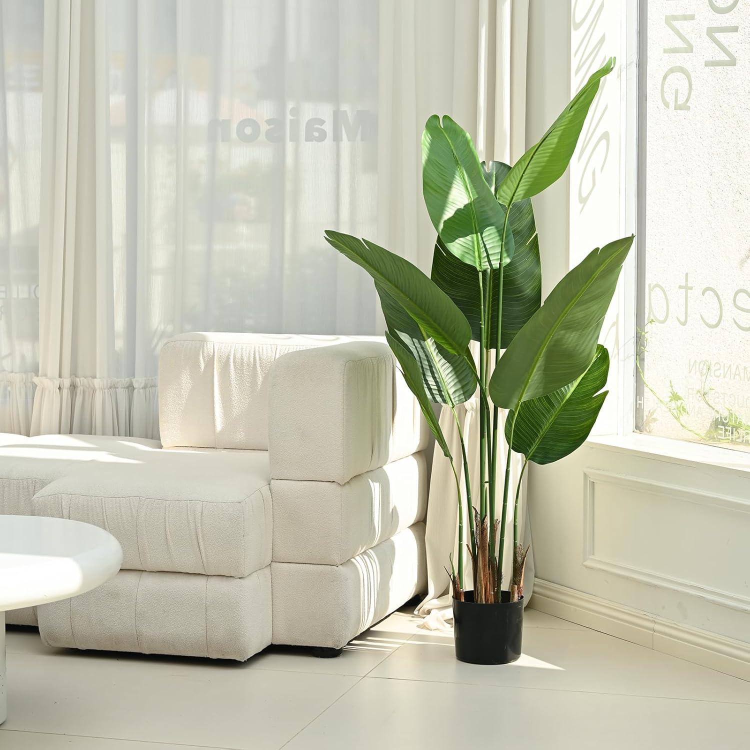 Artificial Bird of Paradise Plant,5 FT Fake Banana Leaves Plants Faux Tropical Palm Tree Floor Plant Potted, Artificial Tree for Home Office Living Room Decor Indoor Perfect Housewarming Gift.