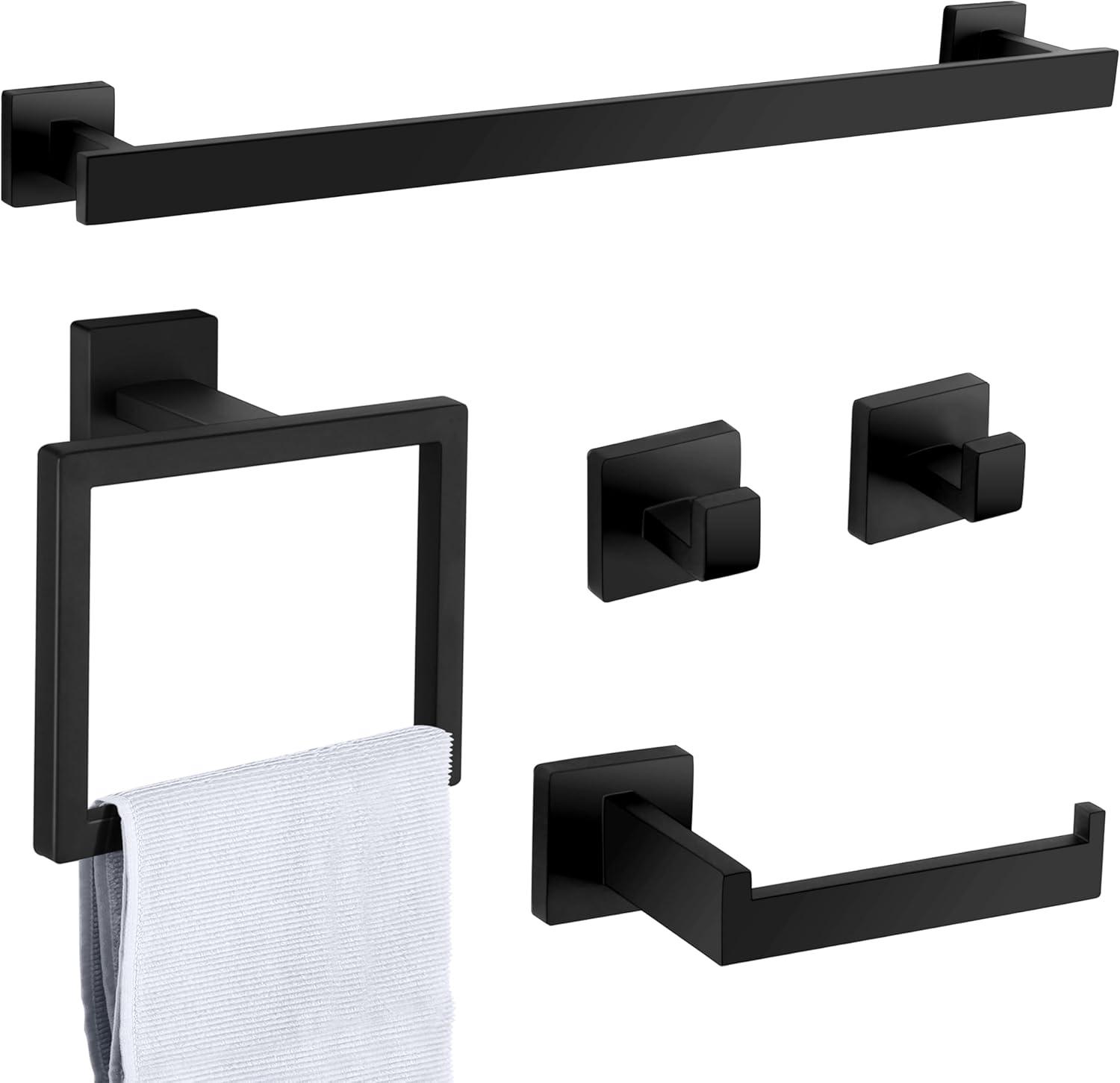 5 Pieces Square Matte Black Stainless Steel Bathroom Accessories Set Include 23.6 in Towel Bar, Toilet Paper Holder, Towel Ring, 2 Robe Towel Hooks