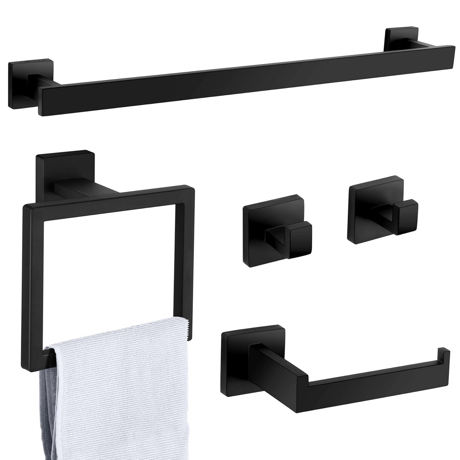5 Pieces Square Matte Black Stainless Steel Bathroom Accessories Set Include 23.6 in Towel Bar, Toilet Paper Holder, Towel Ring, 2 Robe Towel Hooks