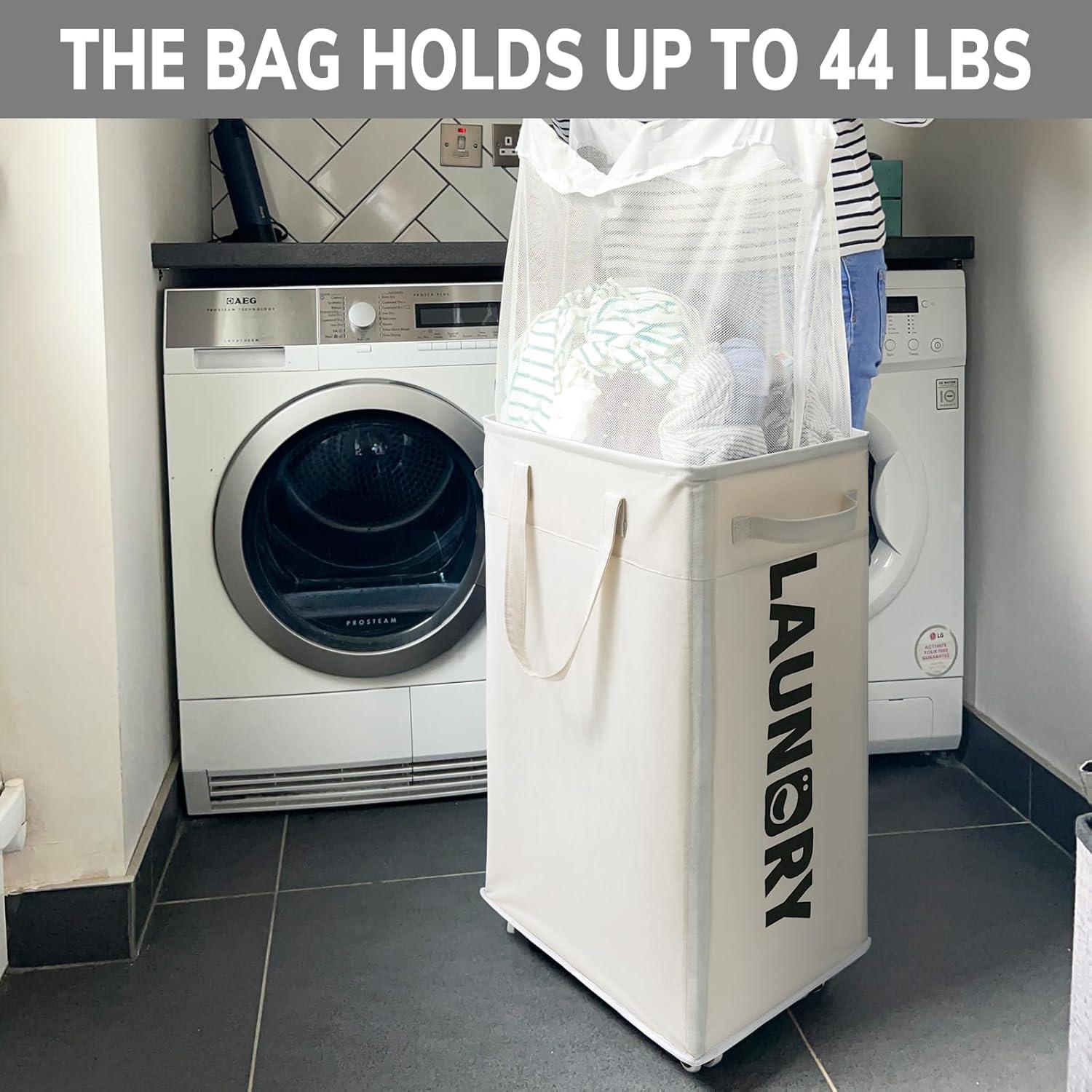 CHICVITA 2-Pack Laundry Baskets with Wheels and Handle,75L Collapsible Clothes Basket with Removable Wash Bags for Dorms and Corners, White Rolling Laundry Hamper