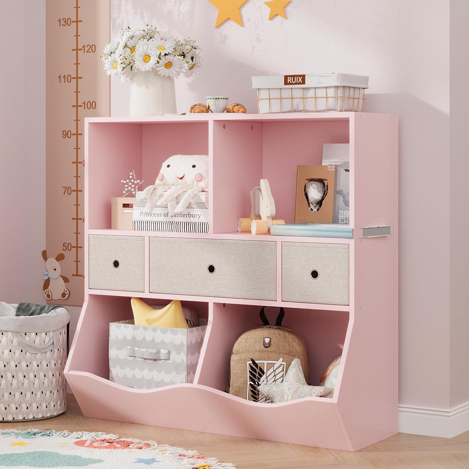 3-Tier Kids Bookshelf, Toy Storage Organizer with 3 Drawers,Wooden Bookcase with Large Toy Storage Cabinet for Playroom