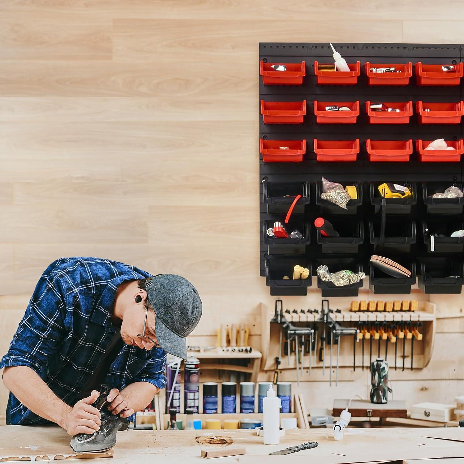 VEVOR Wall Mounted Storage Bins, 48-Bin Parts Rack Organizer Garage Plastic Shop Tool with Wall Panels, Tool Organizer for Nuts, Bolts, Screws