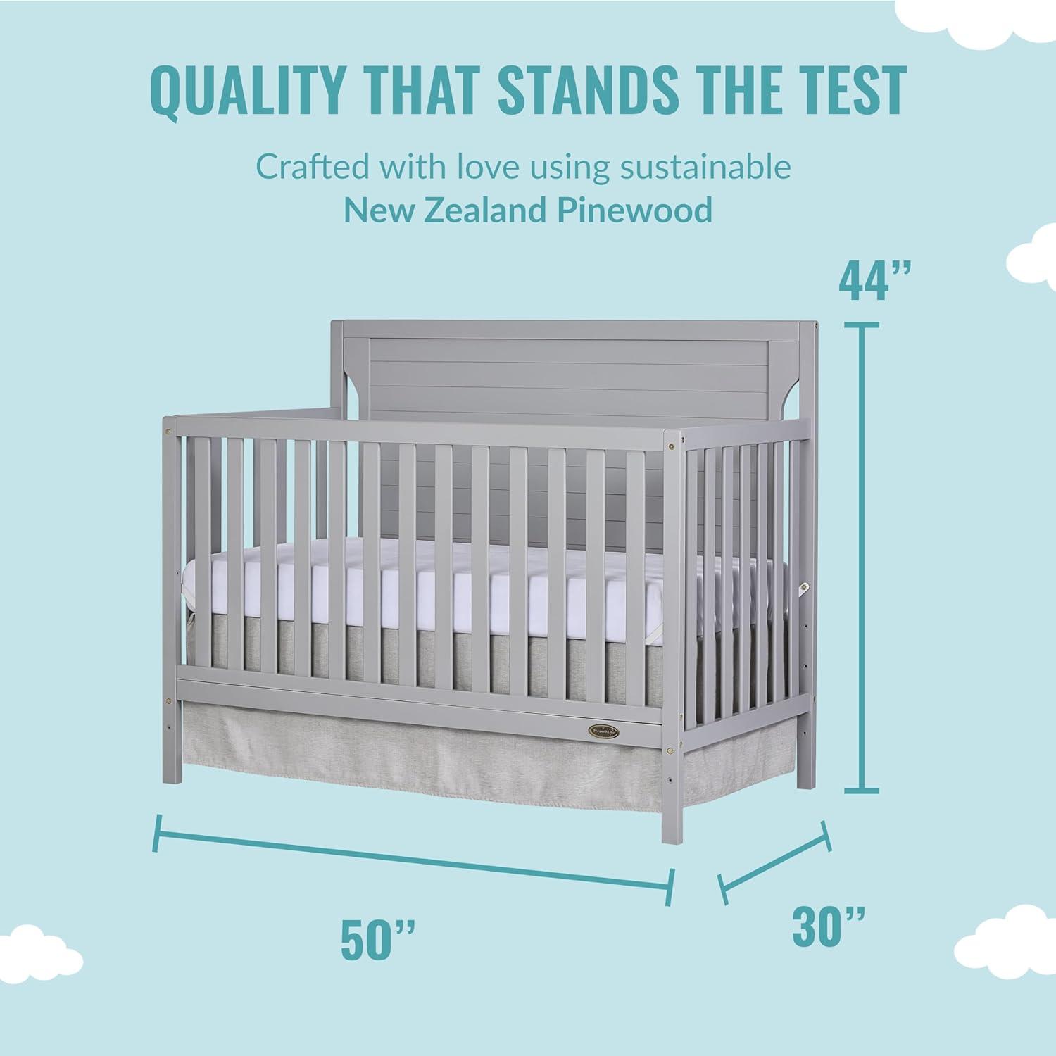 Dream On Me Cape Cod 5-In-1 Convertible Crib In Pebble Grey, Greenguard Gold And JPMA Certified, Built Of Sustainable New Zealand Pinewood, 3 Mattress Height Positions Pebble Grey Inch (Pack of 1)