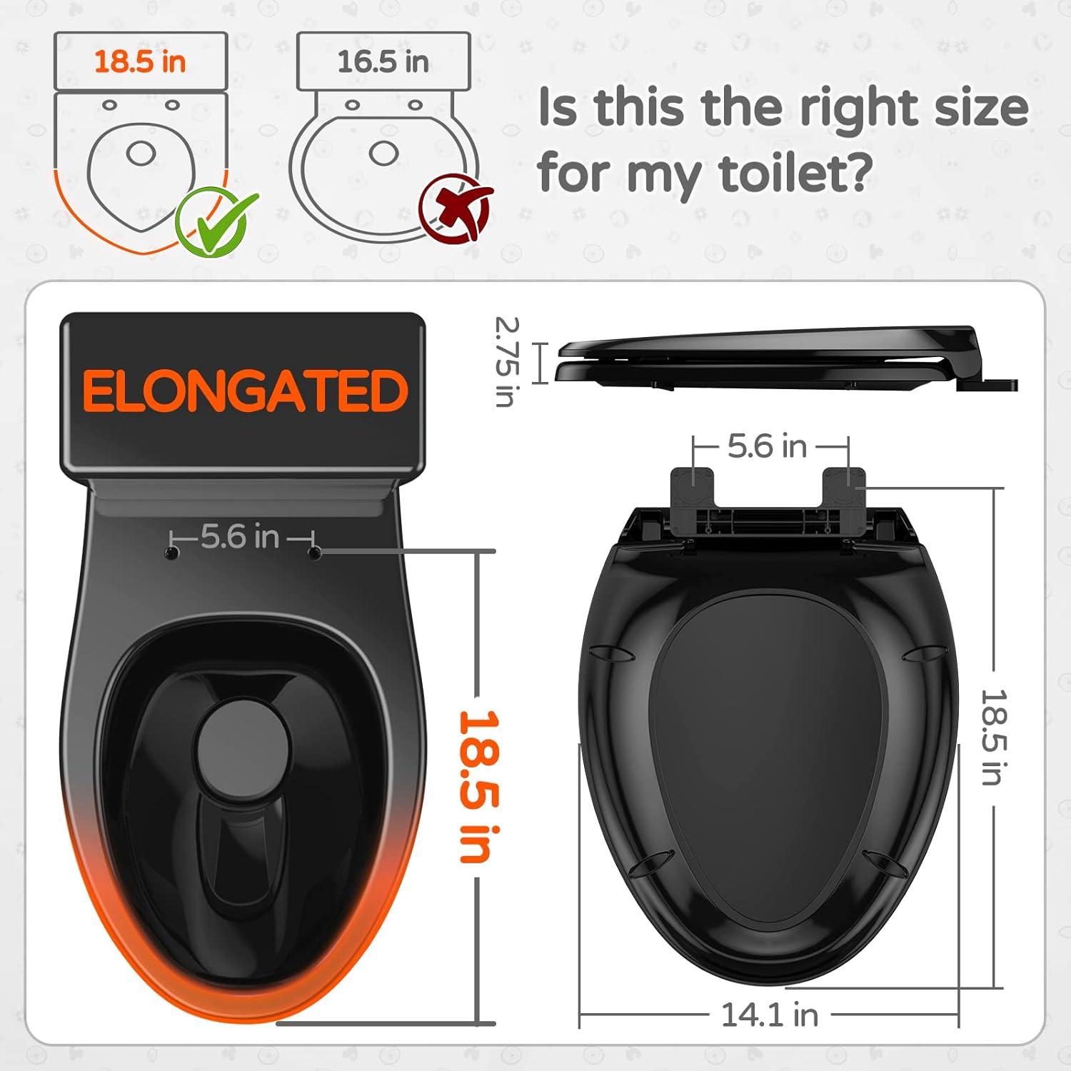 Elongated Toilet Seat, Slow Soft Close, Oval(Oblong) Toilet Seat For Elongated Toilets, Quiet-Close Lid And Seat, Easy To Install And Clean, Never Loosen, Black(18.5)