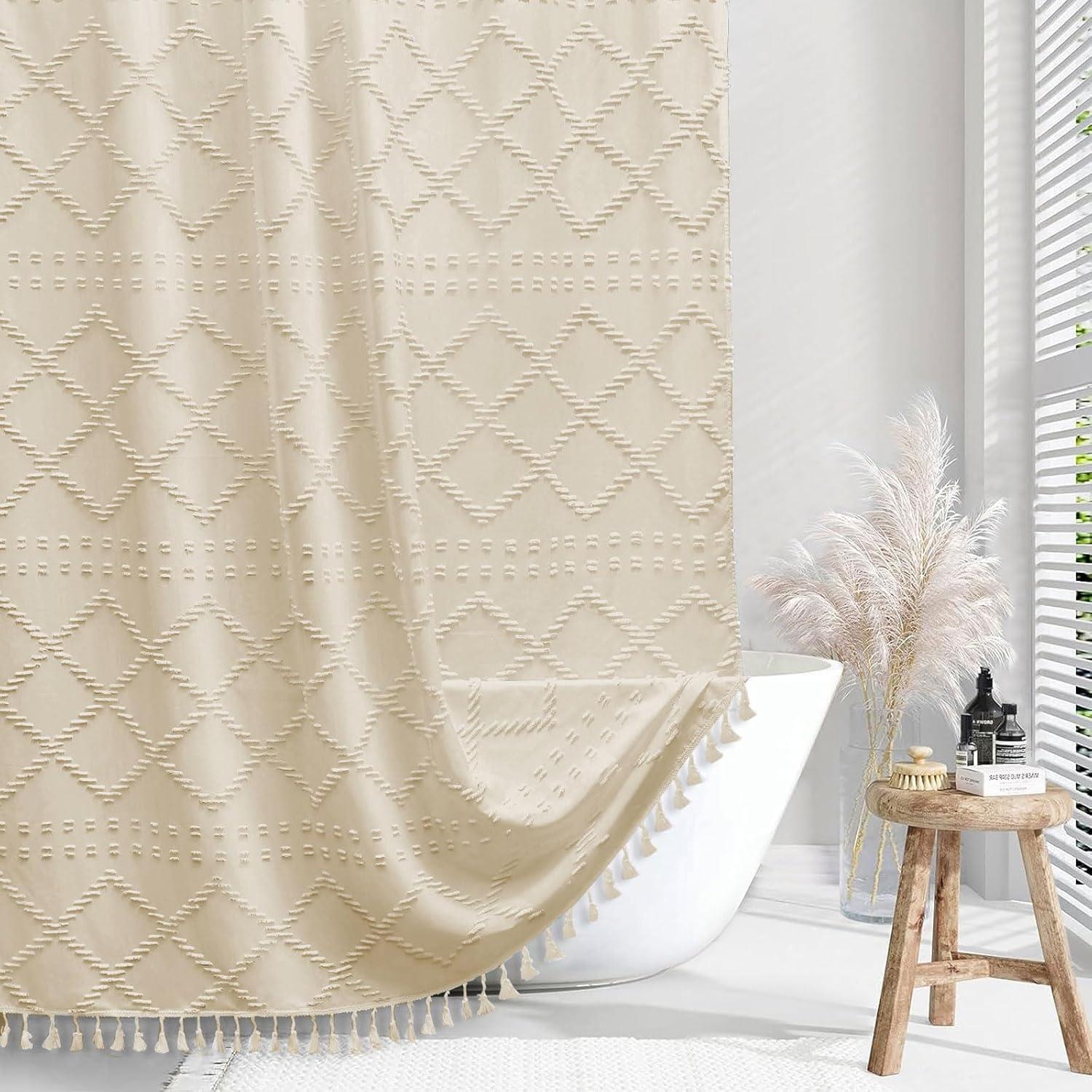 Cream Chevron Textured Boho Fabric Shower Curtain, 72 x 72