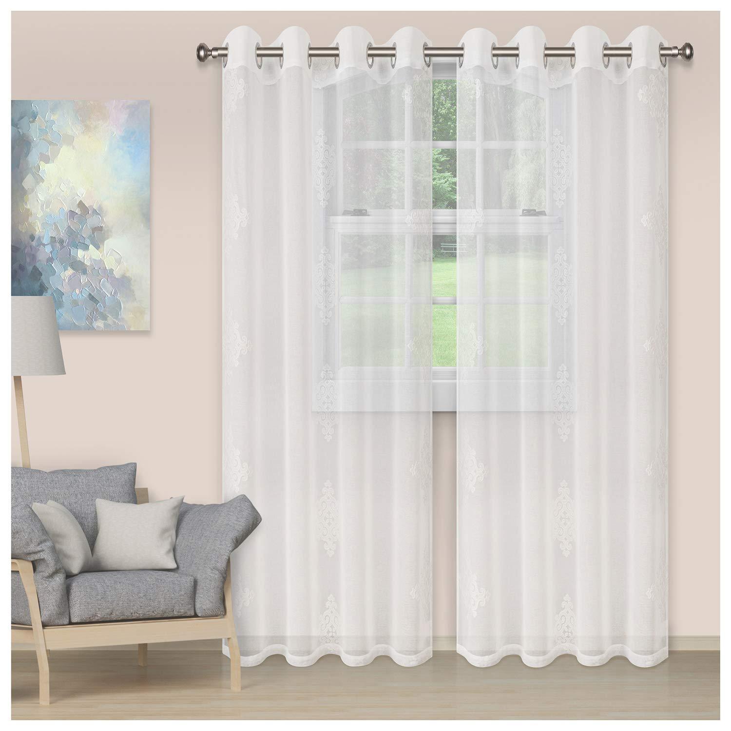 Superior Sia Damask Sheer Curtain Panel Set with Grommet Header , 52" x 96", White