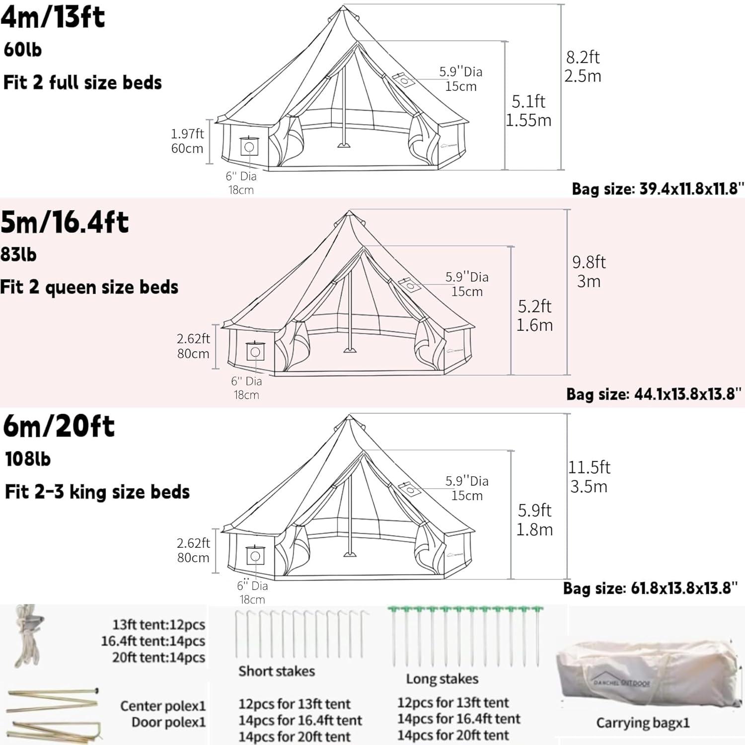 DANCHEL OUTDOOR B5PRO Waterproof Canvas Bell Tent with AC Port, 4 Season Yurt Tent with Stove Jack Glamping All Year Living 4/6/8 Person Family Camping, 13ft/16.4ft/20ft