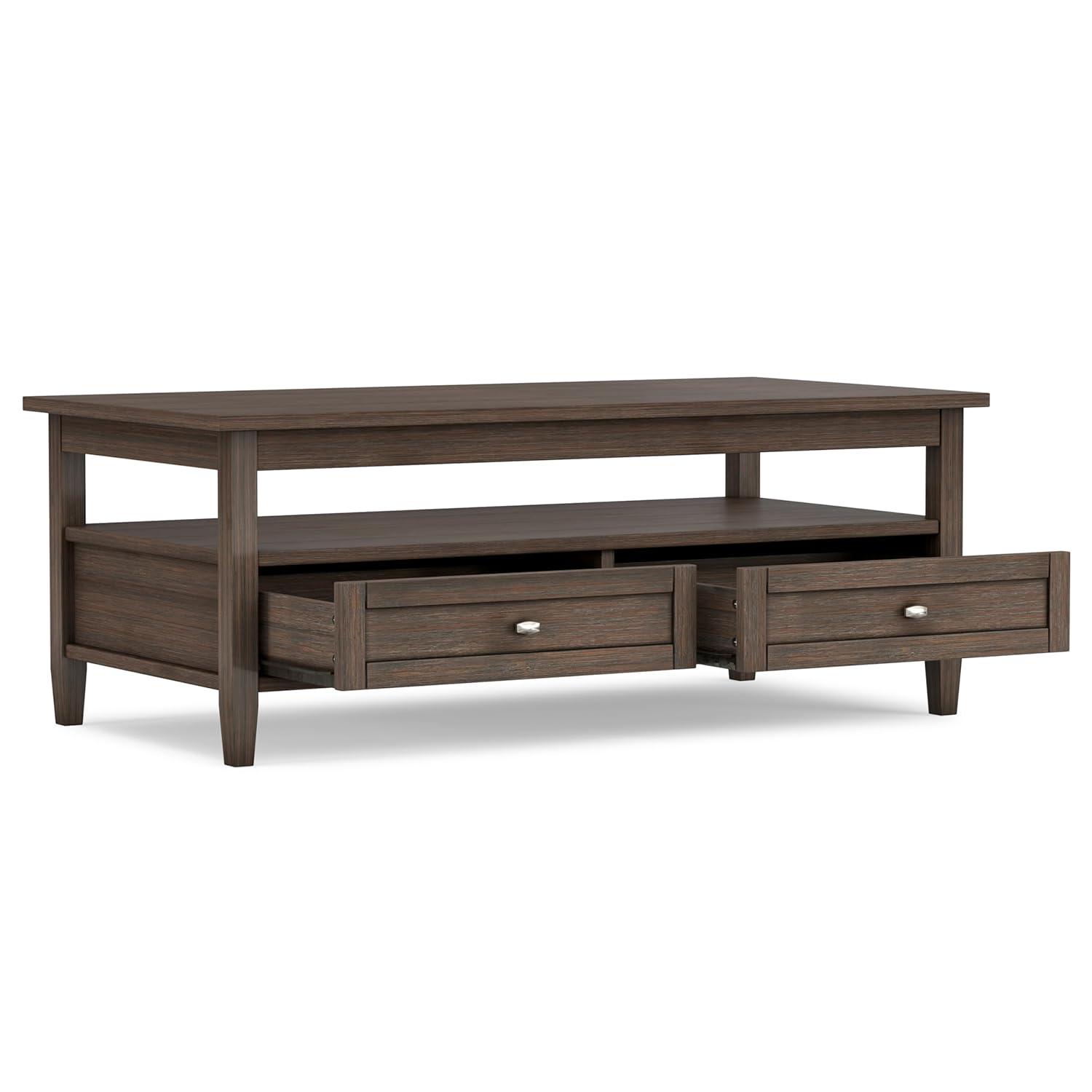 Simpli Home Warm Shaker 48"W Solid Wood Coffee Table with Two Storage Drawers and Open Shelf