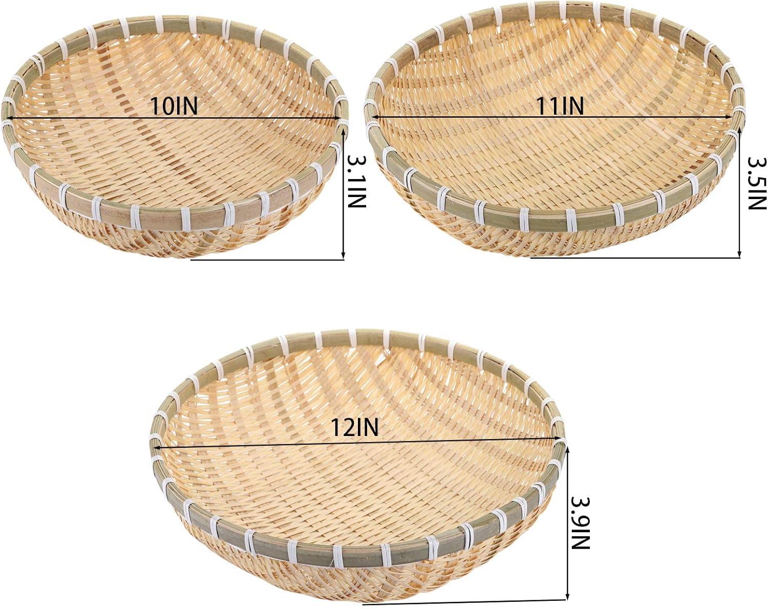 Cedilis 3 Pack Bamboo Basket Tray, Wicker Bread Basket, 100% Natural Handmade Woven Fruit Basket, U Shape Holder Flat Shallow Vegetables Serving Basket, Stackable, 10Inch, 11Inch, 12Inch