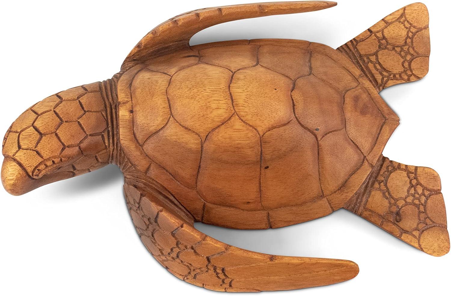 Handcrafted Mahogany Suar Wood Sea Turtle Sculpture, 12"