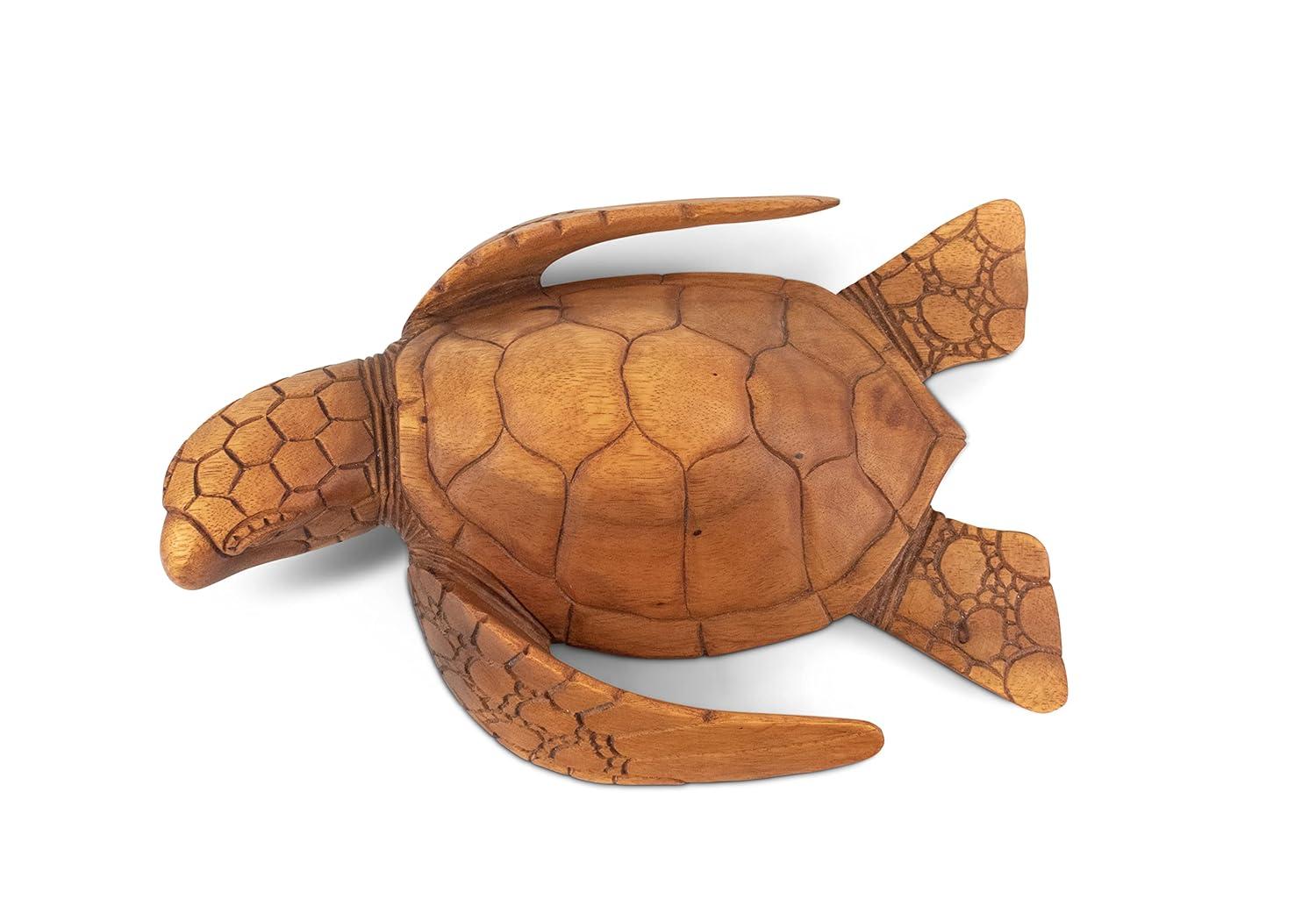 Handcrafted Mahogany Suar Wood Sea Turtle Sculpture, 12"
