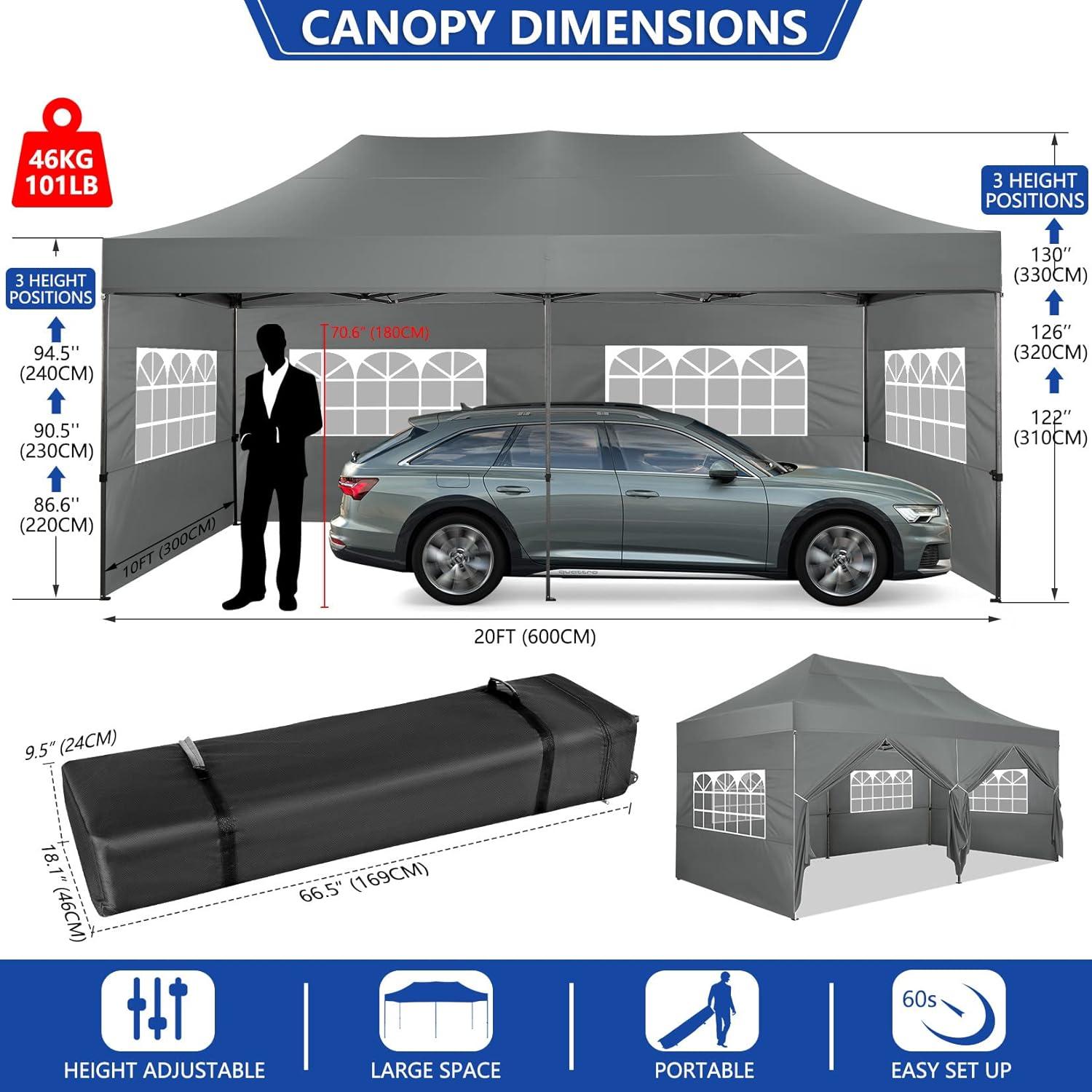 COBIZI 10x20 Heavy Duty Pop up Canopy Tent with 6 sidewalls Easy Up Commercial Outdoor Wedding Party Tents for Parties All Season Wind & Waterproof Gazebo Roller Bag,White(Frame Thickened)