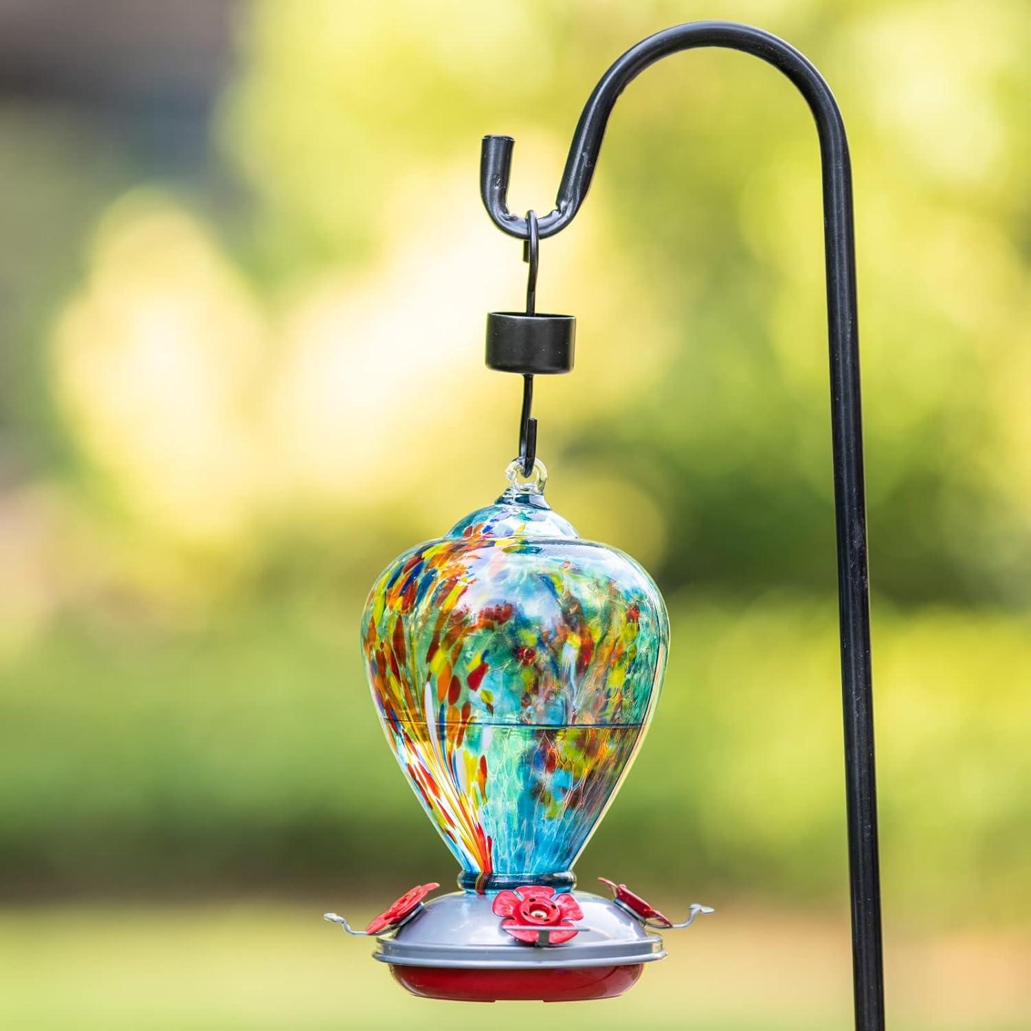 Hand Blown Multicolor Glass Hanging Hummingbird Feeder