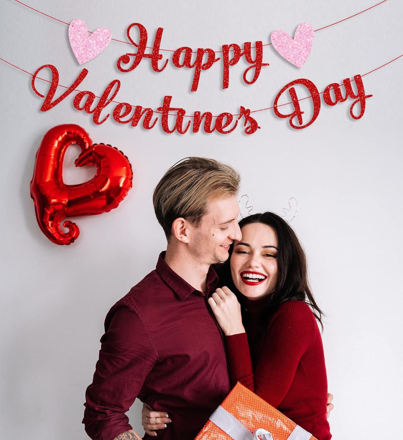 Glittery Heart Valentine's Day Banner, Red & Pink Sparkling Hollow Heart Shape DIY Paper Banner for Wedding Decoration