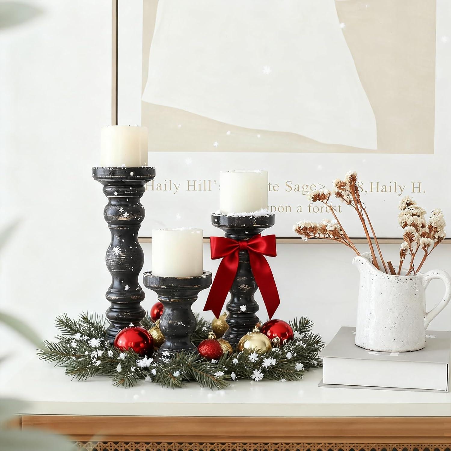 DecMode 3 Candle Black Mango Wood Distressed Turned Pillar Candle Holder, Set of 3