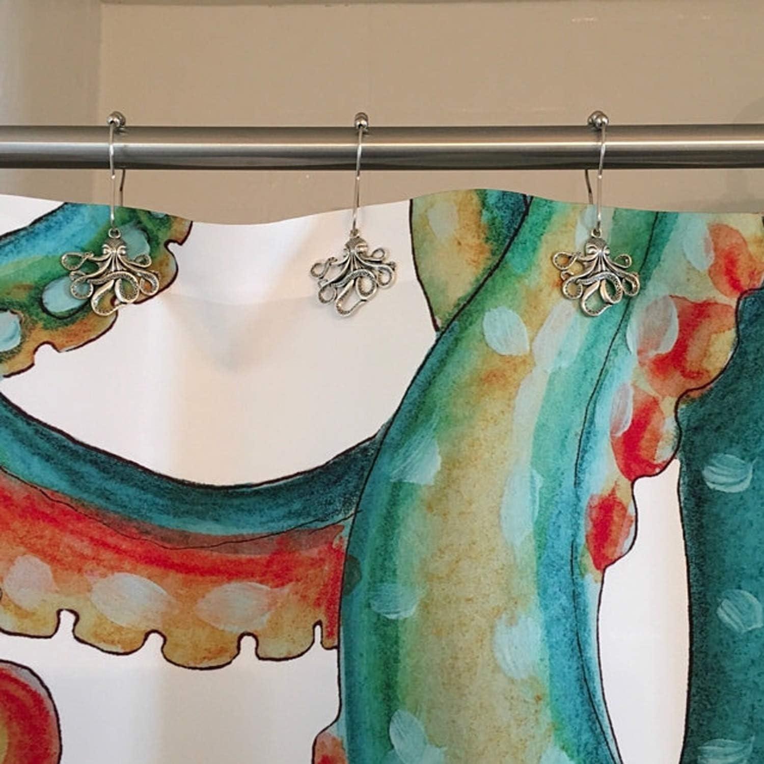 Set of 12 Octopus Shower Curtain Hooks Decorative Home Bathroom Squid Sea Creature Beast Stainless Steel Rustproof Brushed Nickel Rings with Octopus Decorative Accessories (Silver)
