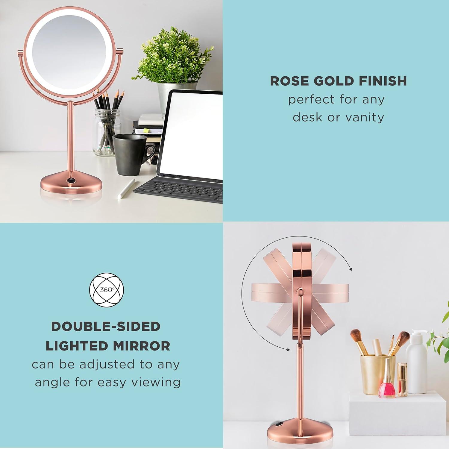 Conair Reflections Double-Sided Mirror, 1x/10x Magnification, Free Standing, Battery Operated, Rose Gold BEH17RGXR