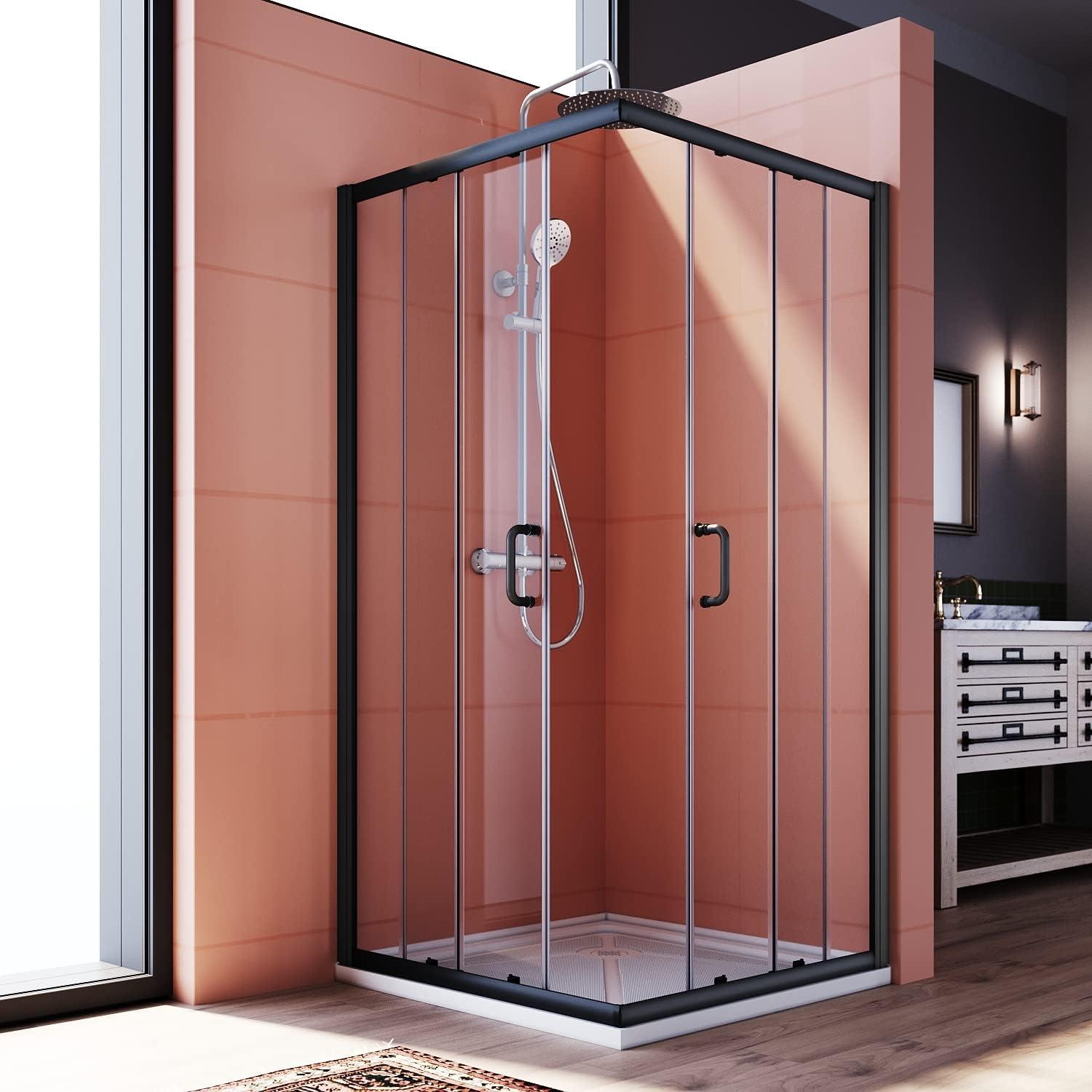 Elegant Black Double Sliding Corner Shower Enclosure with Clear Glass