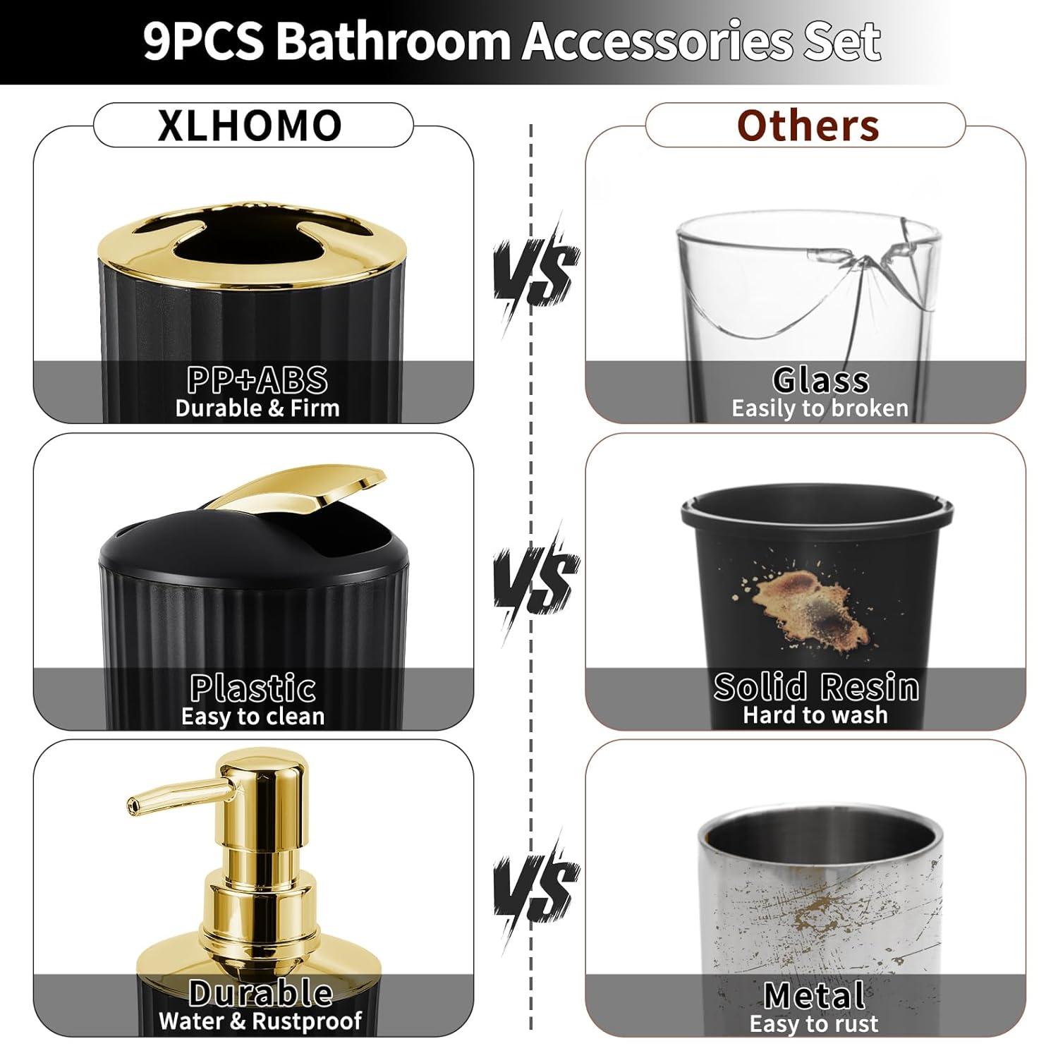 9PCS Black and Gold Bathroom Accessories Set Complete with Trash Can, Vanity Tray, Soap Dispenser, Soap Dish, Toothbrush Holder, Toothbrush Cup, Toilet Brush and Qtip Holders