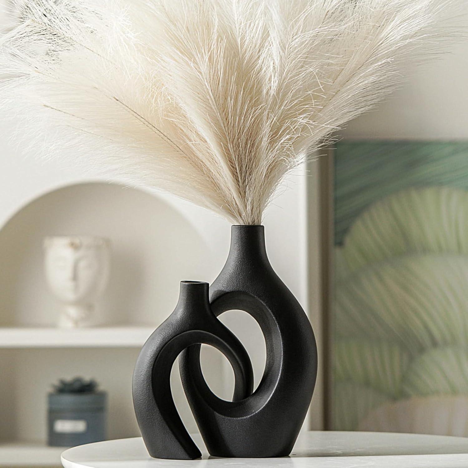 XL Black Ceramic Vase Set of 2 for Modern Home Decor, Neutral Boho Round Donut Pampas Grass Vases, Nordic Aesthetic Vase, for Living Room Coffee Table Fire Place Book Style Shelf (H 11.1")