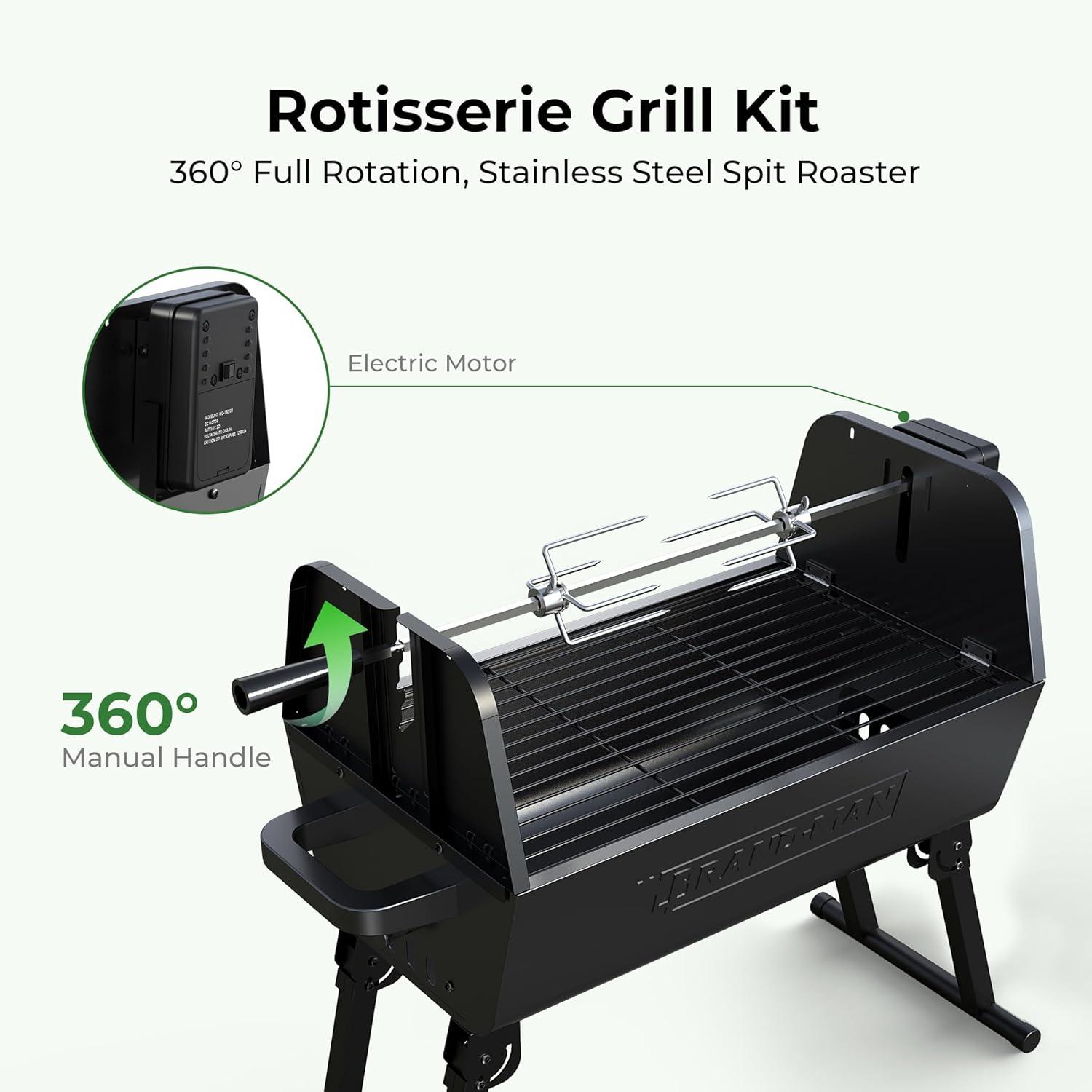 Brand-Man 2 in 1 Charcoal Grill with Rotisserie Grill Kit, Portable ‎Enameled Steel Barbecue Grill, Stainless Steel Spit Roaster with Motor & Adjustable Height for Backyard Camping Patio Tailgating