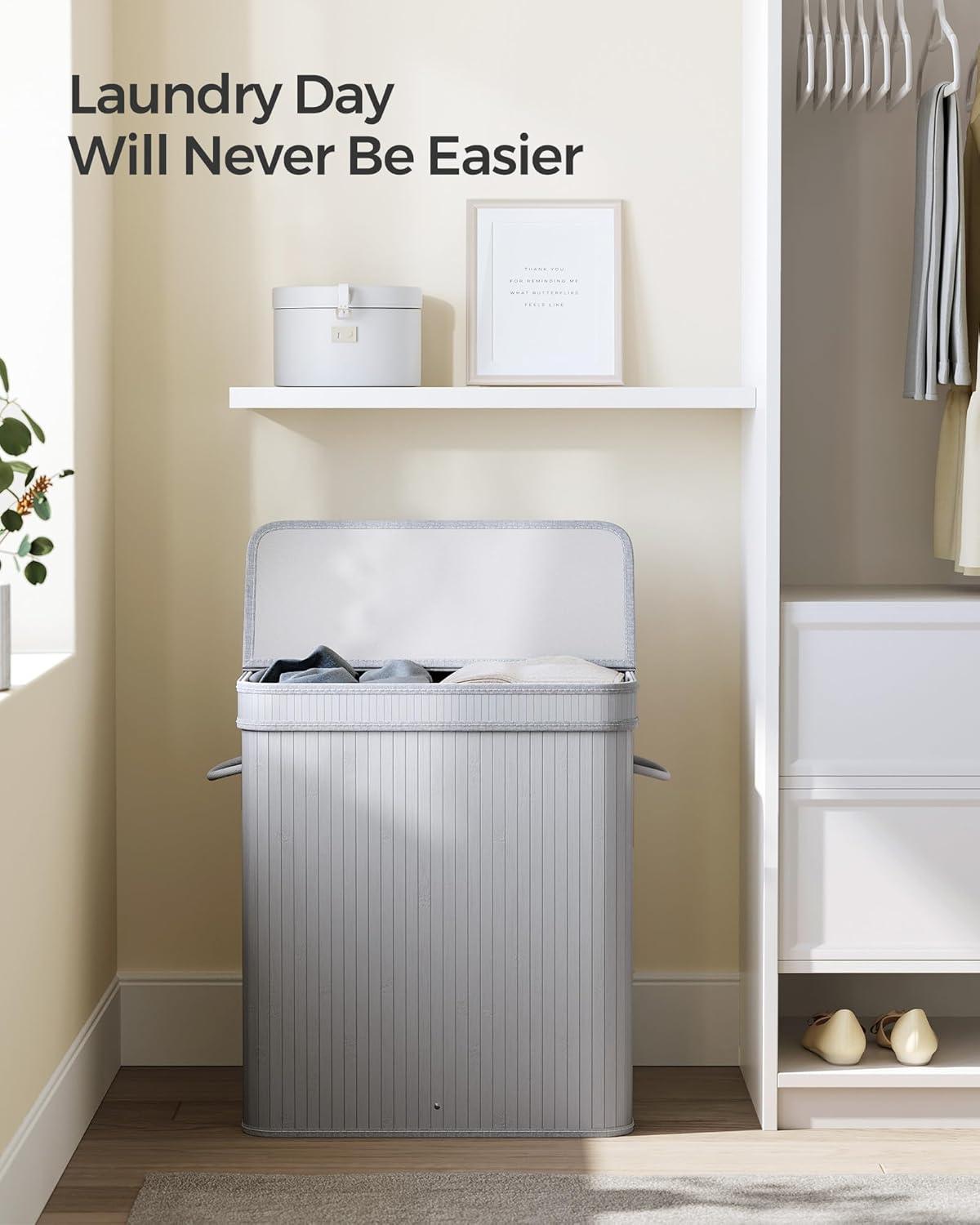 100L Laundry Hamper with Lid Bamboo Laundry Basket with Liner Bag Foldable Storage Hamper with Handles Gray