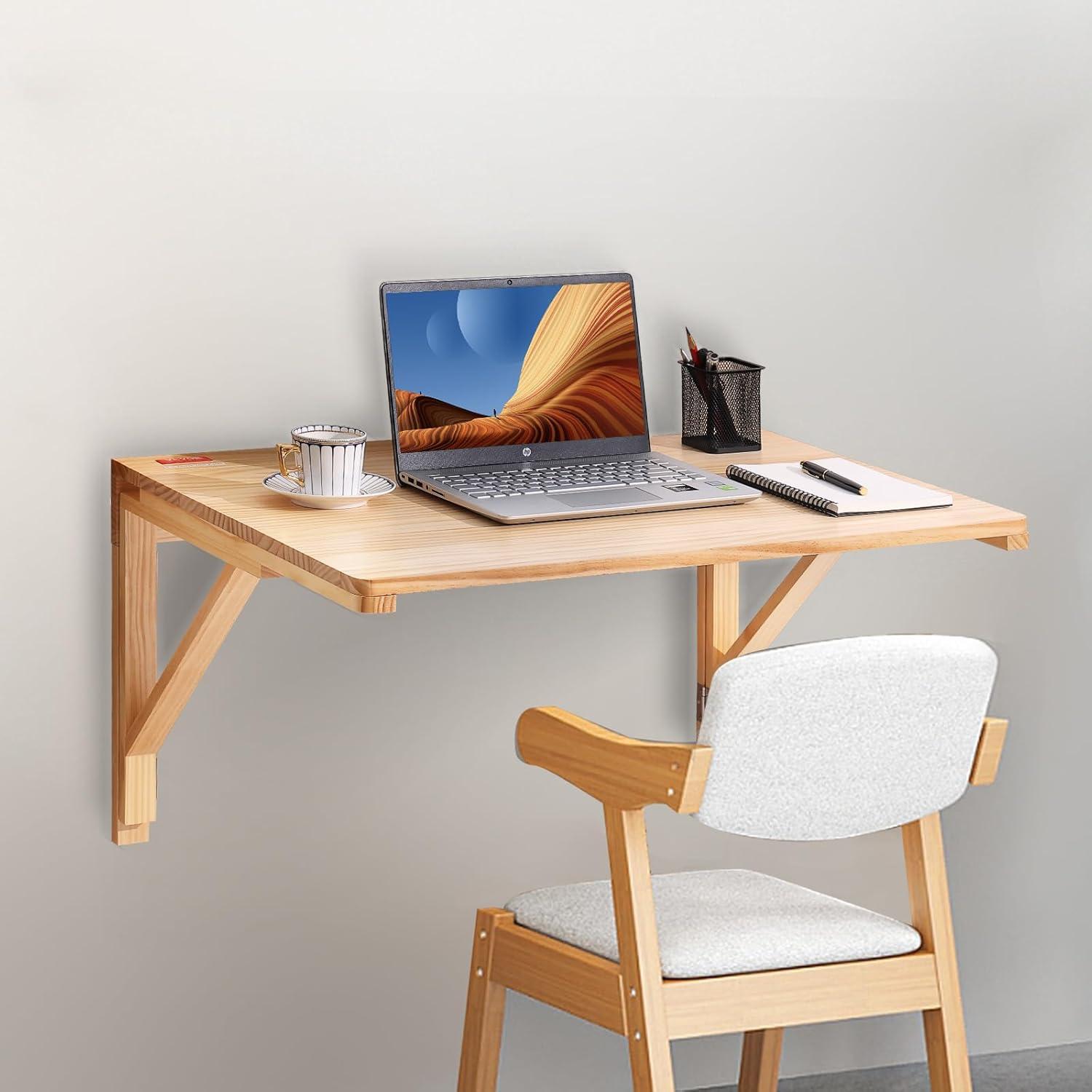 Pine Wood Wall Mounted Folding Desk with Alloy Steel Brackets