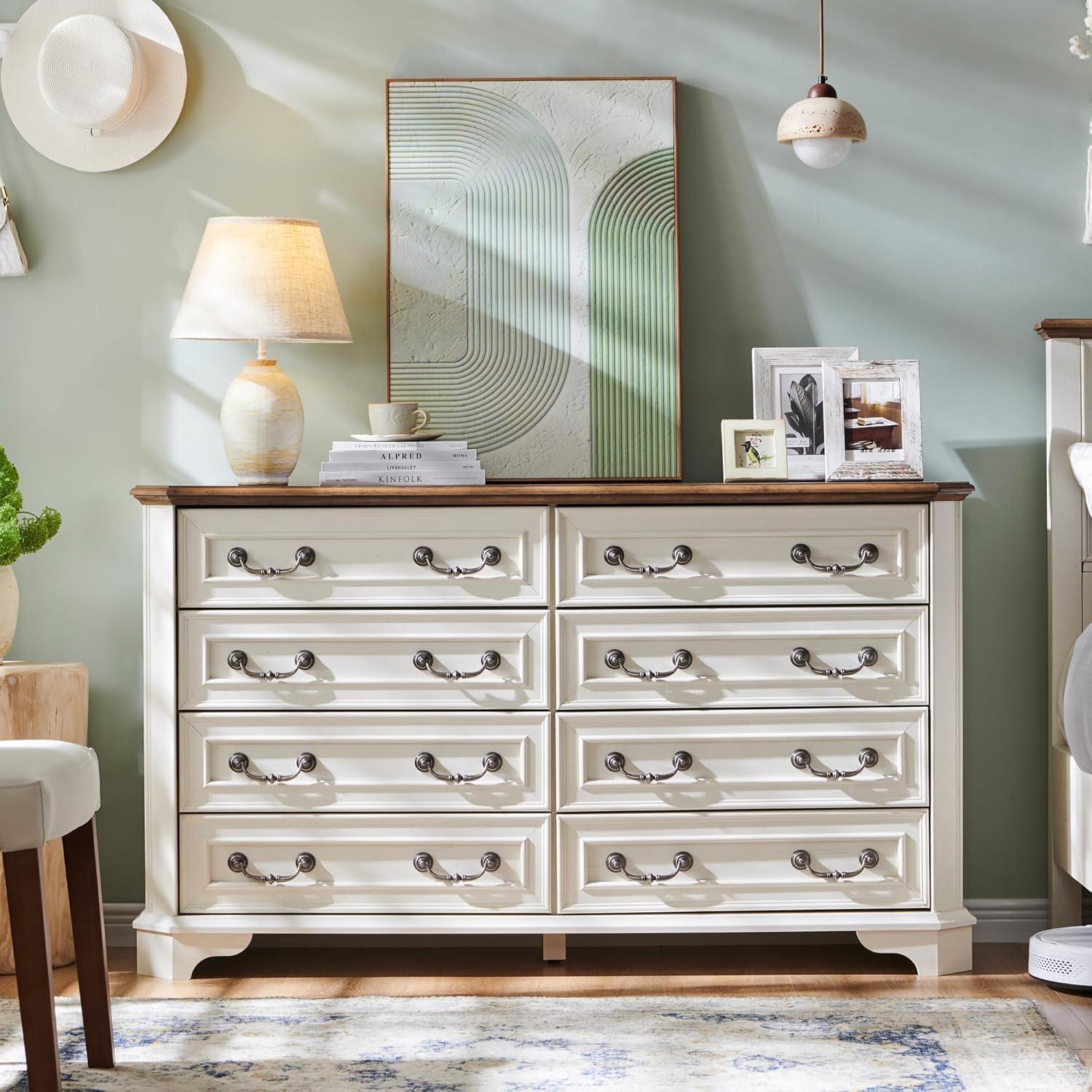 T4TREAM Farmhouse 8 Drawers Dresser for Bedroom, 54" Wide Wood Rustic Chest of Drawers with Natural Texture, Vintage Design, Storage Dressers Organizer for Bedroom, Living Room (Antique White)