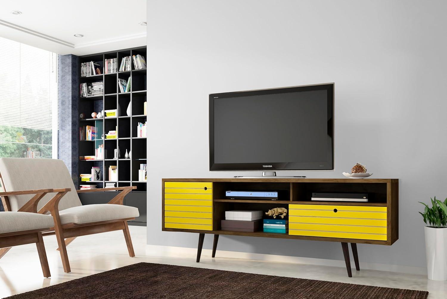 71" Rustic Brown and Yellow Mid-Century Modern TV Stand